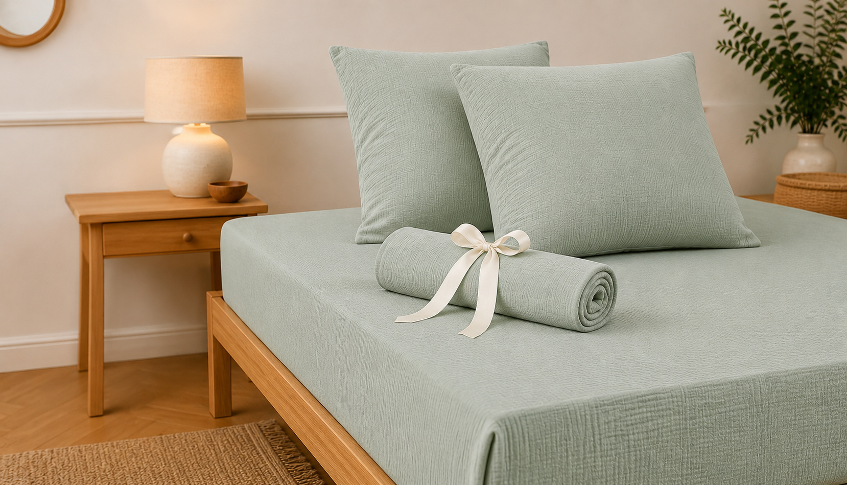 Pack Drap Housse 140 X 190 Cm + 2 Taies D'oreiller 60 X 60 Cm Double Gaze De Coton Gaïa Eucalyptus
