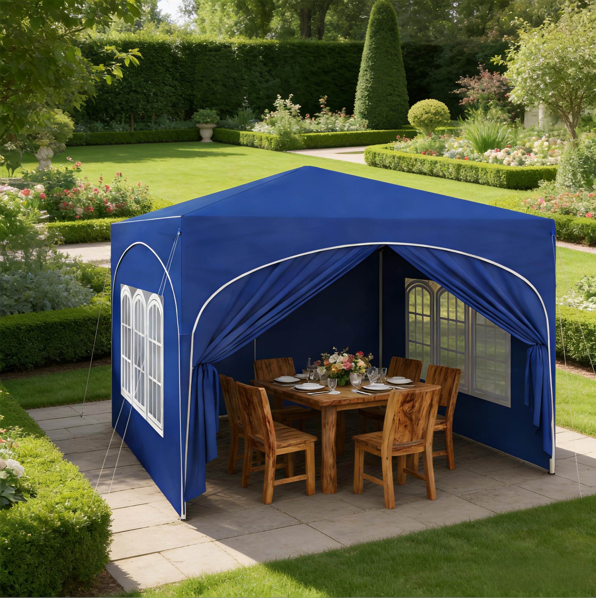 Tente De Jardin Pliante 3 X 3 M Bleue Avec Parois Latérales, Armature En Fer, Redom