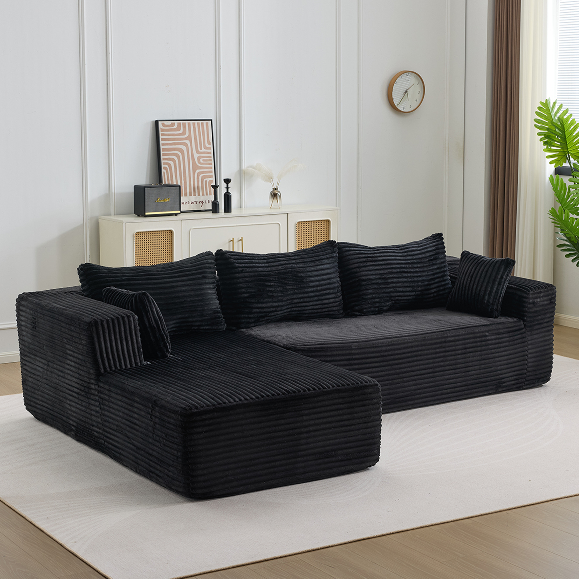Canapé D'angle Modulable En Corduroy Noir Avec Chaise, 279 X 179 X 83 Cm, Redom