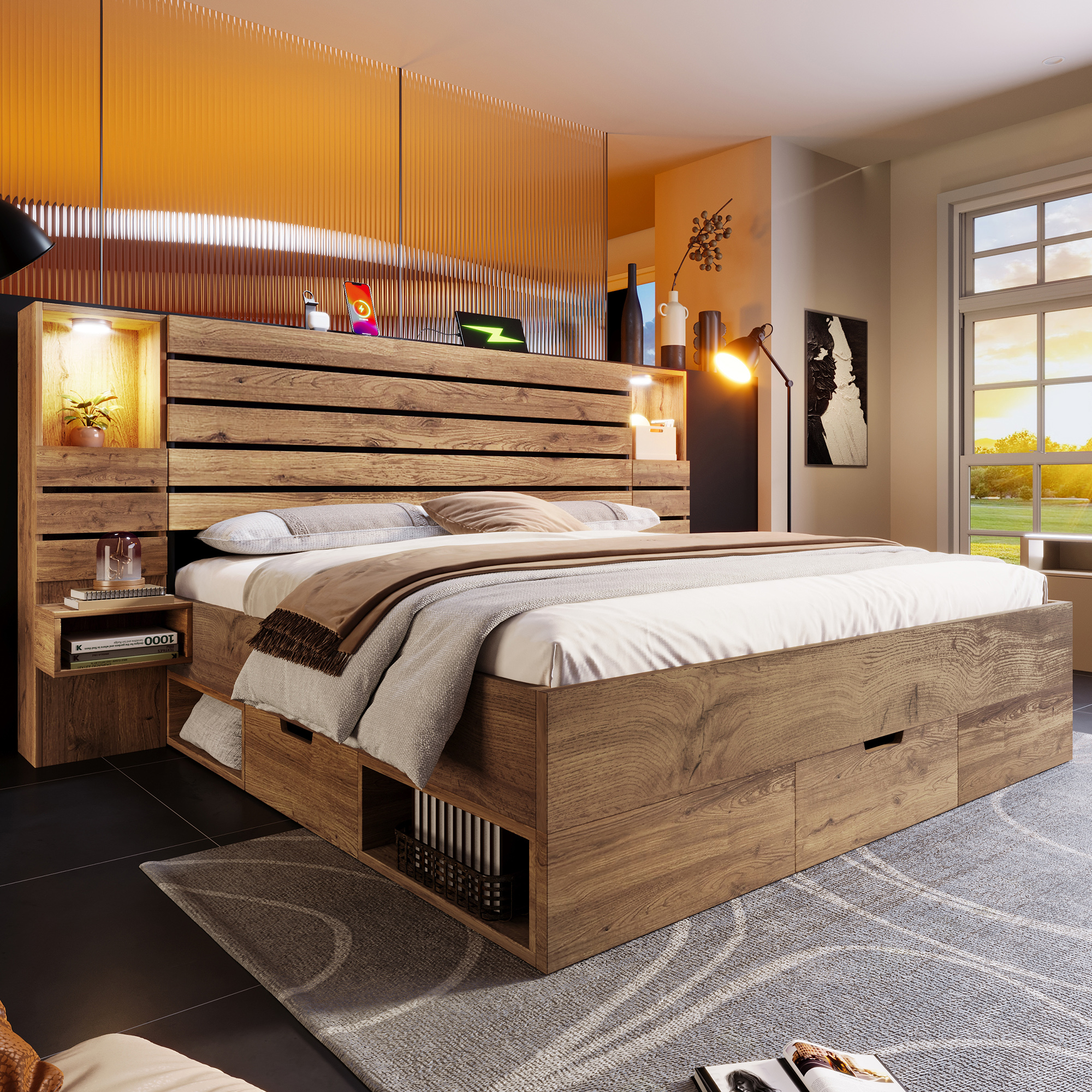 Redom Lit Double 180x200 Cm Avec Usb Type C, Downlights, Rangement, Bois, Chêne (sans Matelas)