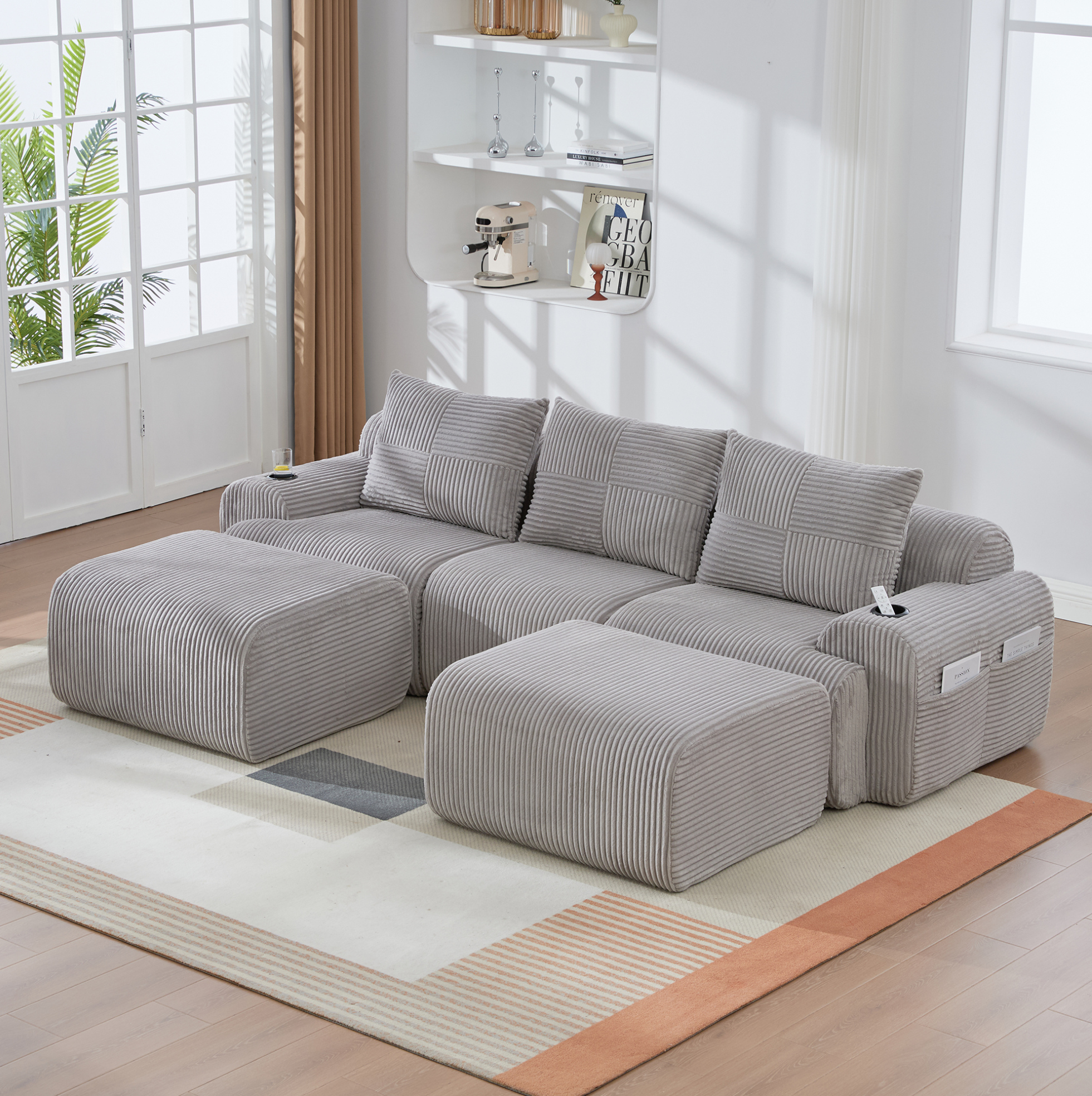 Redom - Canapé Modulaire 3 Places, Porte Gobelet, Poche Latérale, Corduroy, Gris Clair