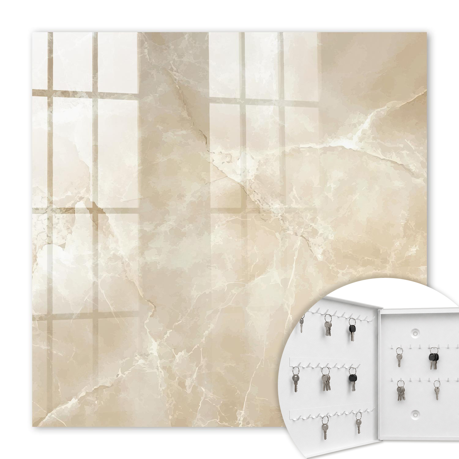 Armoire À Clés - (30 Cm X 30 Cm) - Boîte À Clés Murale - Coffret De Rangement Pour Clés - Couleur Blanche - Ouverture Vers La Gauche - Pour Maison Et Bureau - Marbre Beige