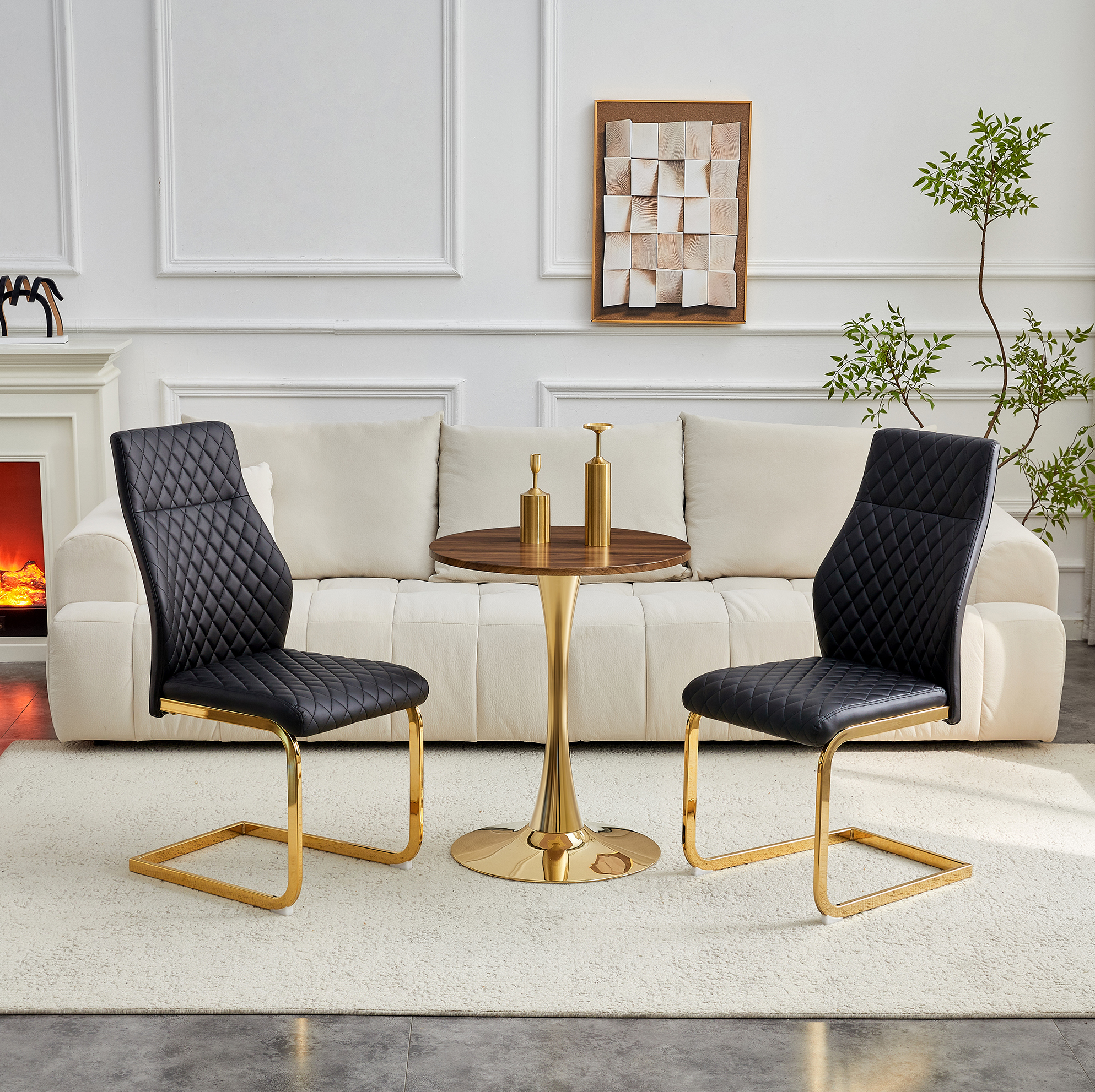 Ensemble Table Ronde 60 Cm En Mdf Effet Noyer, 2 Chaises Noires, Pieds Or