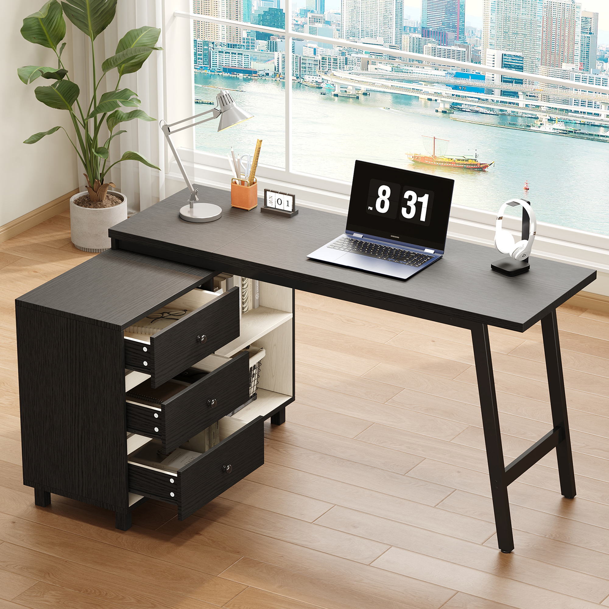 Redom Bureau D'Angle 150x100x76 Cm 3 Tiroirs Et 2 Étagères Ouvertes, Plateau Résistant, Mdf Et Métal, Noir Et Blanc
