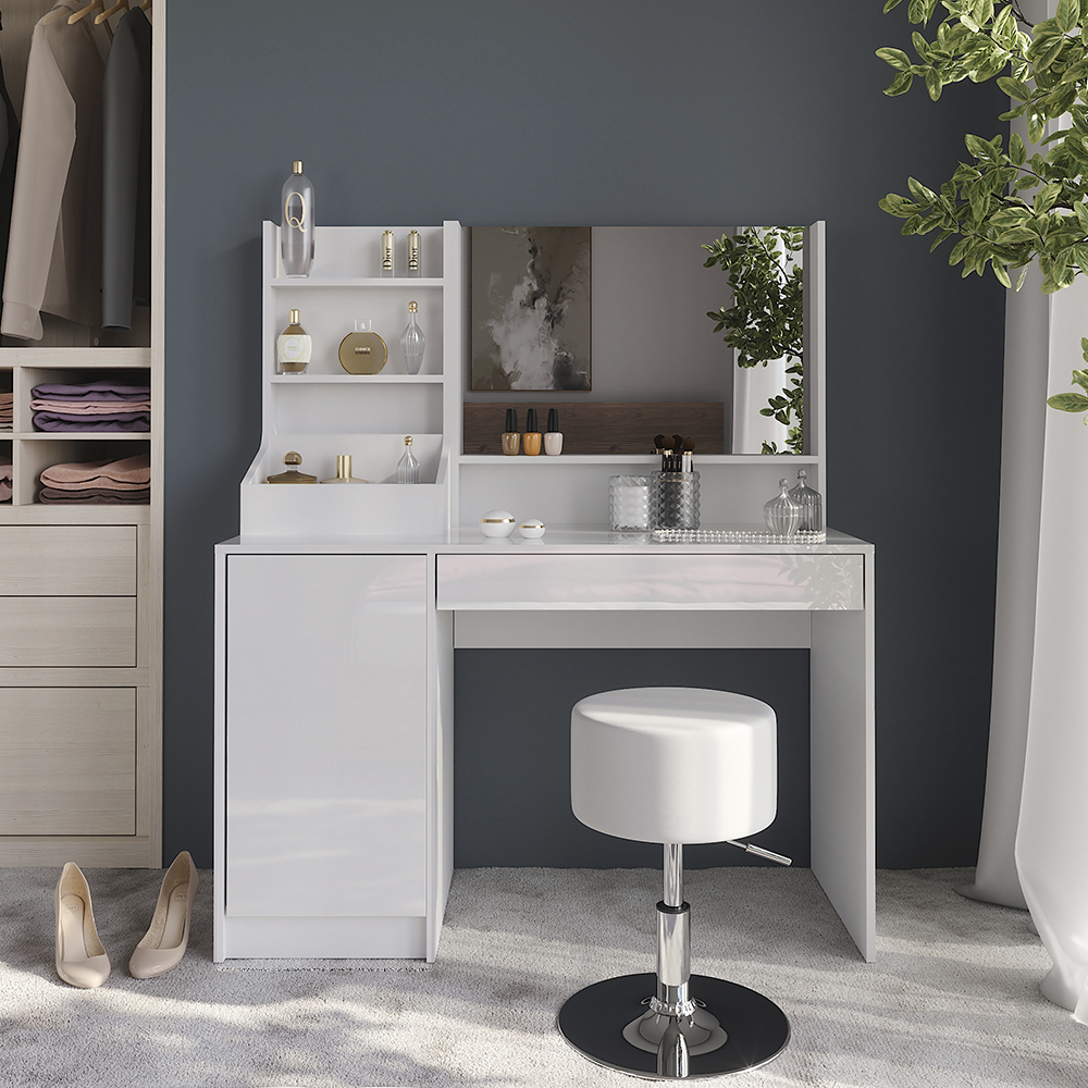 Coiffeuse Sherry, Blanc/blanc Haute Brillance, 119.8cm Avec Miroir Et Tabouret, Vicco
