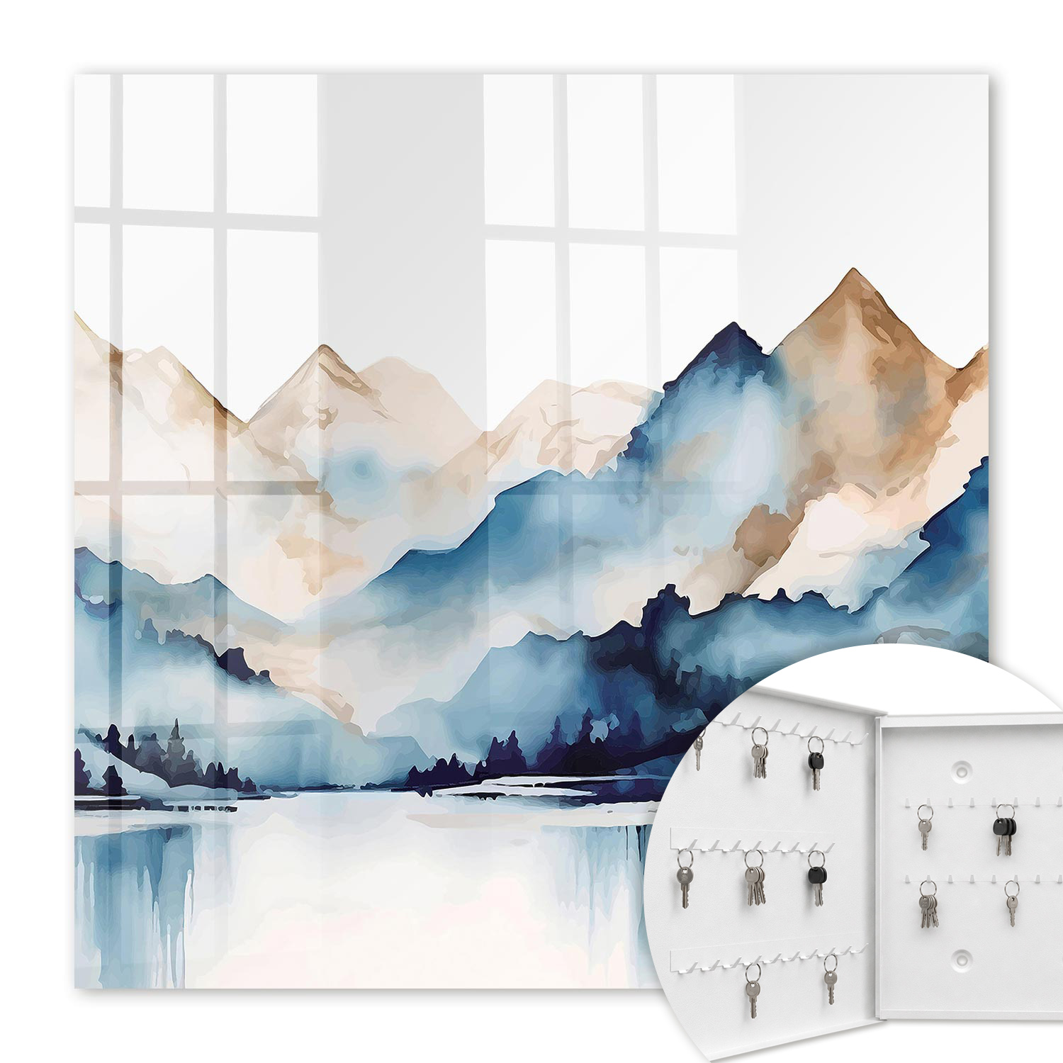 Armoire À Clés - (30 Cm X 30 Cm) - Boîte À Clés Murale - Coffret De Rangement Pour Clés - Couleur Blanche - Ouverture Vers La Gauche - Pour Maison Et Bureau - Montagnes Aquarelles