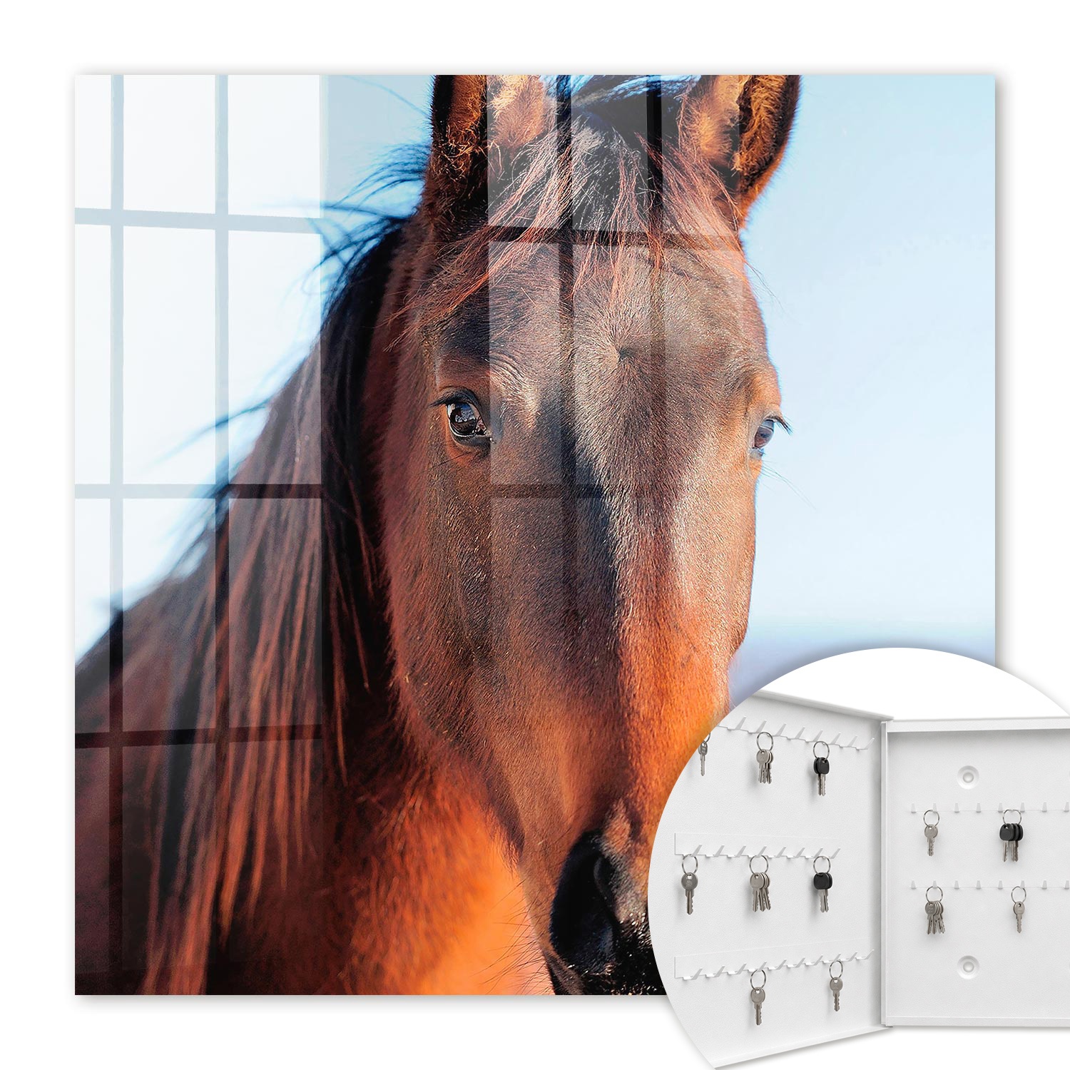 Armoire À Clés - (30 Cm X 30 Cm) - Boîte À Clés Murale - Coffret De Rangement Pour Clés - Couleur Blanche - Ouverture Vers La Gauche - Pour Maison Et Bureau - Portrait D'Un Cheval