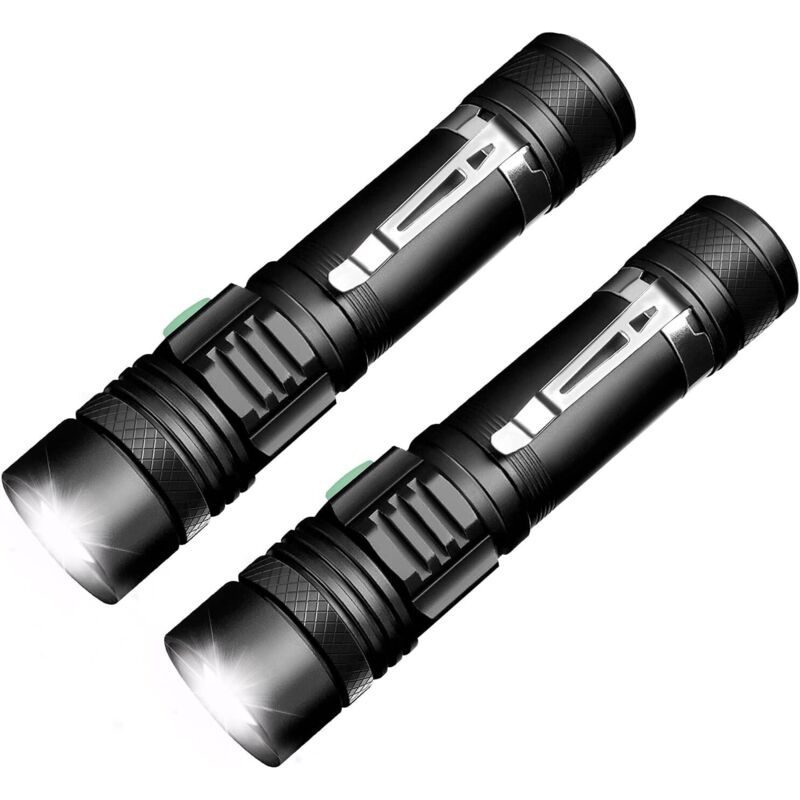 Torche Lampe De Poche,rechargeable Lampe Torche Led Puissante 600lm Etanche Zoomable, 4 Modes Intensité Ajustable Pour Camping Randonnée 18650 Batteries Incluse 2 Pcs