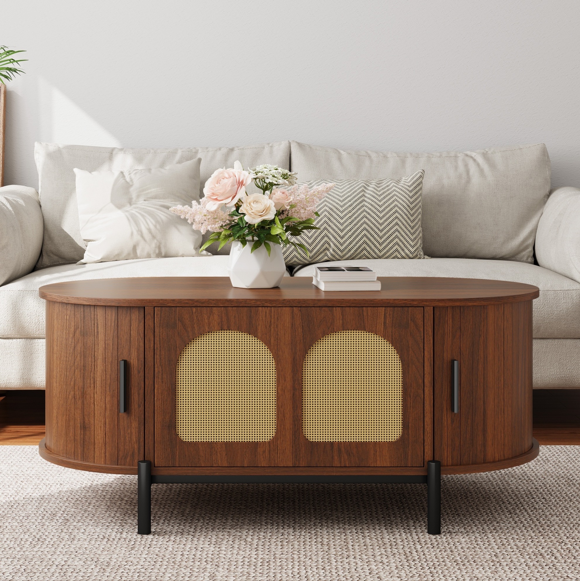 Table Basse Ovale En Mdf Effet Bois Noyer, Portes En Rotin, Pieds Métalliques Noirs