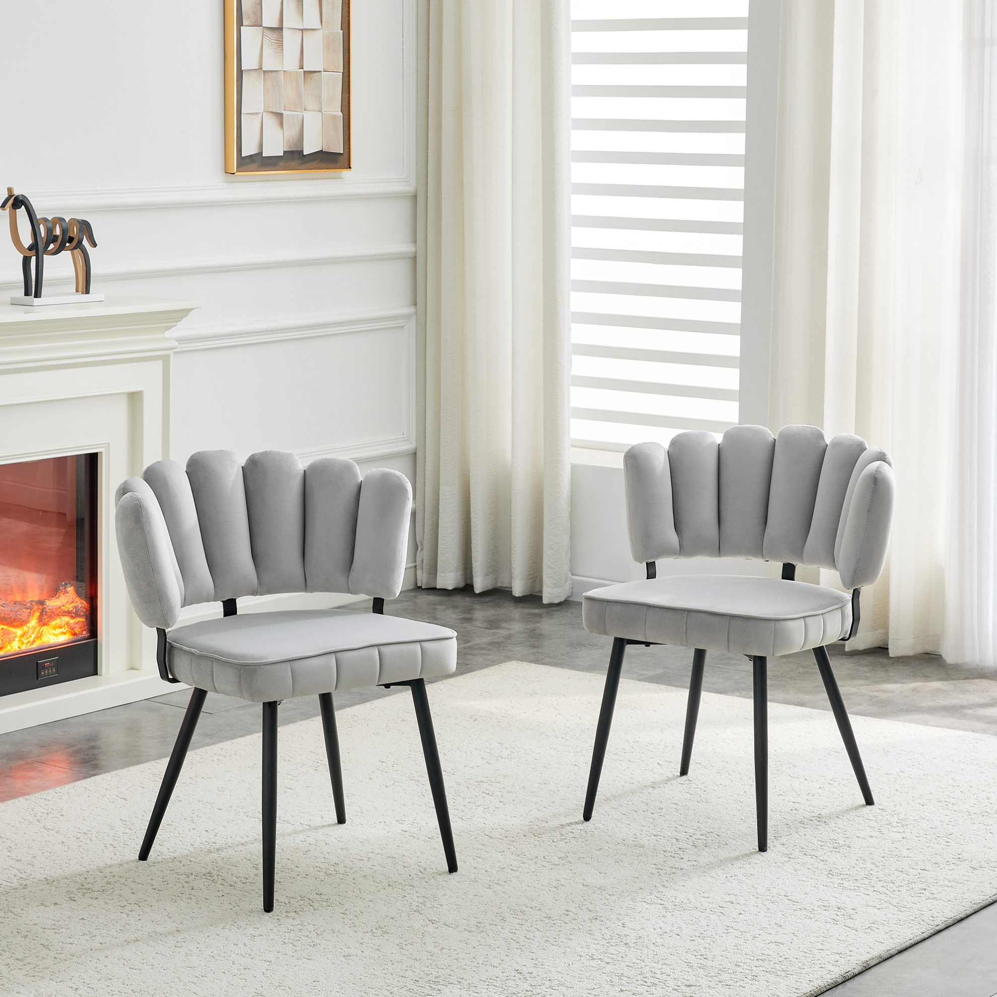 Redom - Lot De 2 Chaises De Salle À Manger, Dossier Floral En Éventail, Velours Structuré, Pieds En Métal Noir, Gris Clair