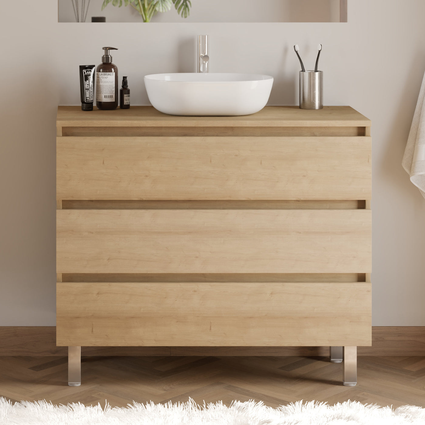 Meuble De Salle De Bain 90cm Avec Plateau Et Vasque À Poser Arrondie - 3 Tiroirs - Sans Miroir - Nebraska (chêne Clair) - Mayor