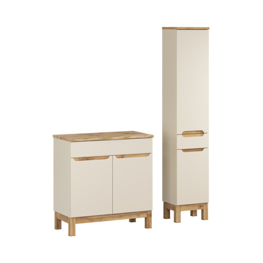 Ensemble De Salle De Bain Ermano Cachemire Et Aspect Chêne 115cm: Meuble Sous Vasque + Plan Pour Vasque Biseauté + Colonne