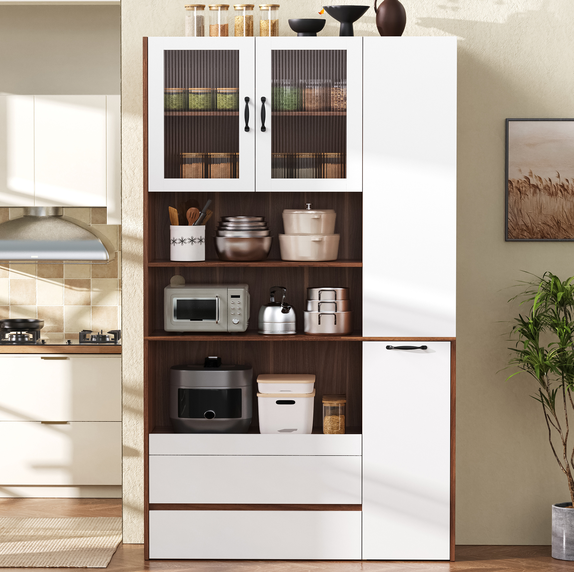 Buffet Haut 100 X 40 X 200 Cm En Mdf, Blanc Et Noyer, Avec Tiroirs Et Étagères Réglables