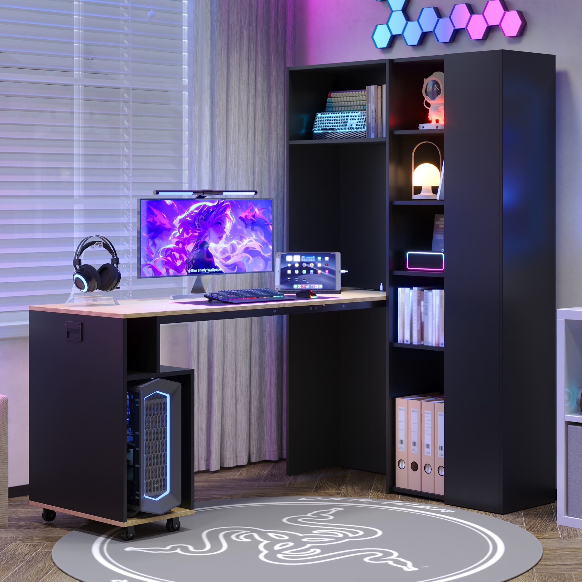 Bureau Pliable 104.5x30.5x160 Cm, 2 En 1, Étagère Intégrée, Prise Et Usb, Mdf, Noir Et Chêne