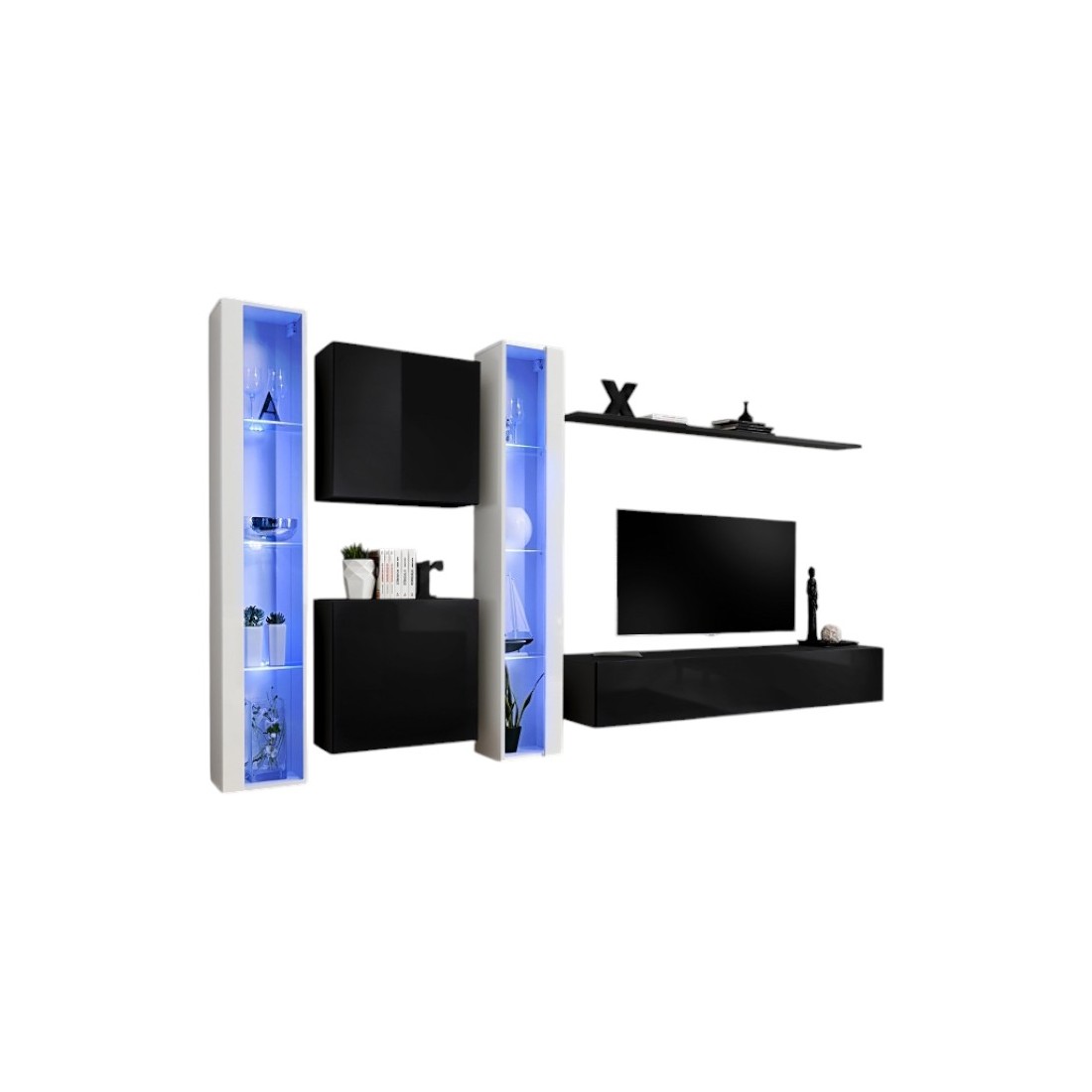 Meublorama - Ensemble Meuble Salon Mural Switch Xvi Design, Coloris Noir Et Blanc Brillant.