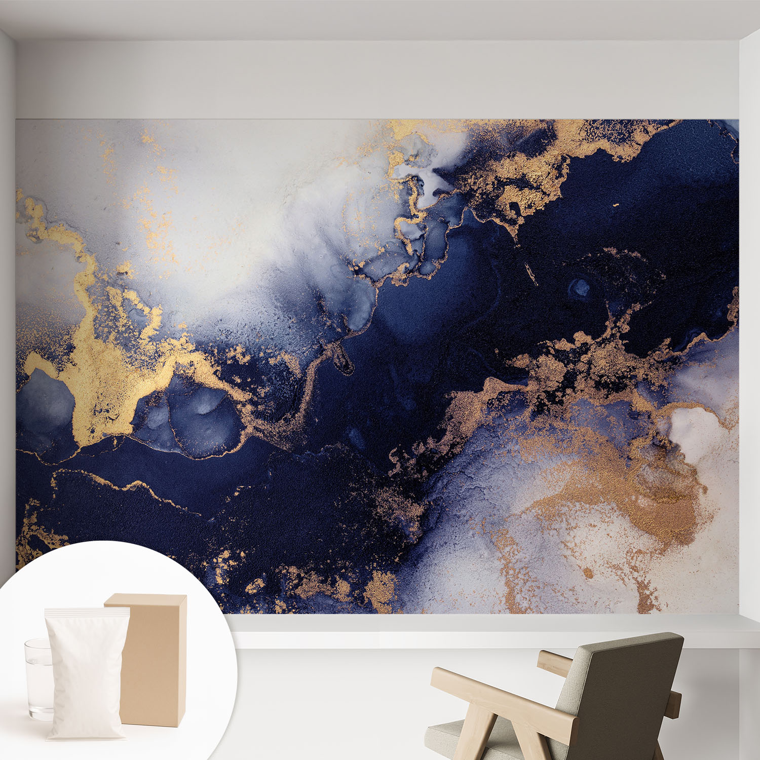 Papier Peint Intissé Décoratif Avec Motifs Pour Salon Et Chambre A Motif - Colle Incluse Gratuite Vagues Bleu Marine 152x104 Cm