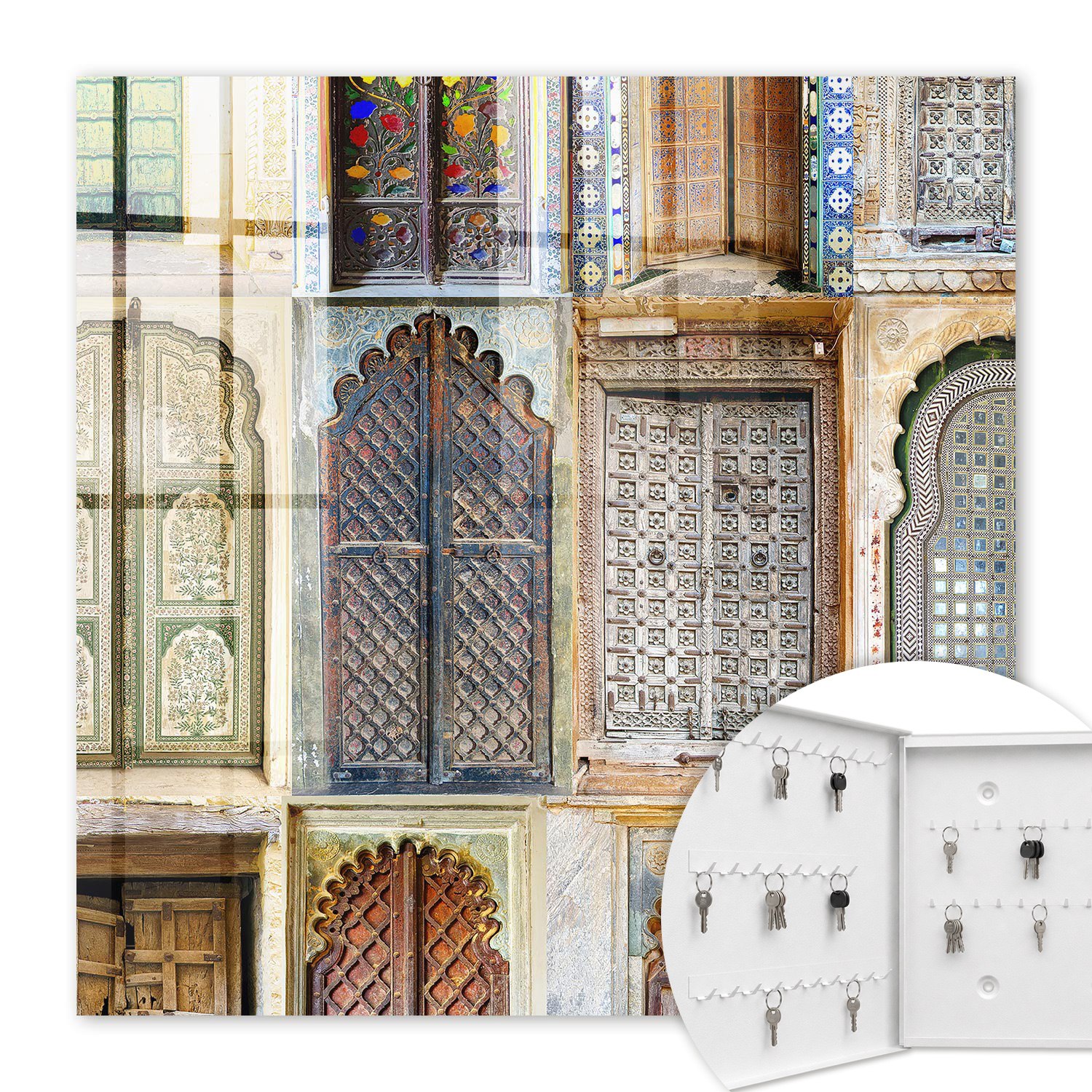 Armoire À Clés - (30 Cm X 30 Cm) - Boîte À Clés Murale - Coffret De Rangement Pour Clés - Couleur Blanche - Ouverture Vers La Gauche - Pour Maison Et Bureau - Fenêtres Colorées