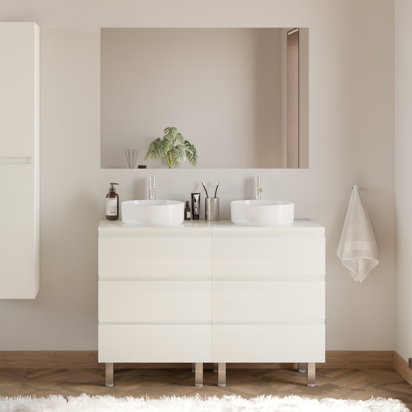 Meuble De Salle De Bain 140cm Avec Plateau Et 2 Vasques À Poser Rondes - 6 Tiroirs - Blanc Brillant - Mayor