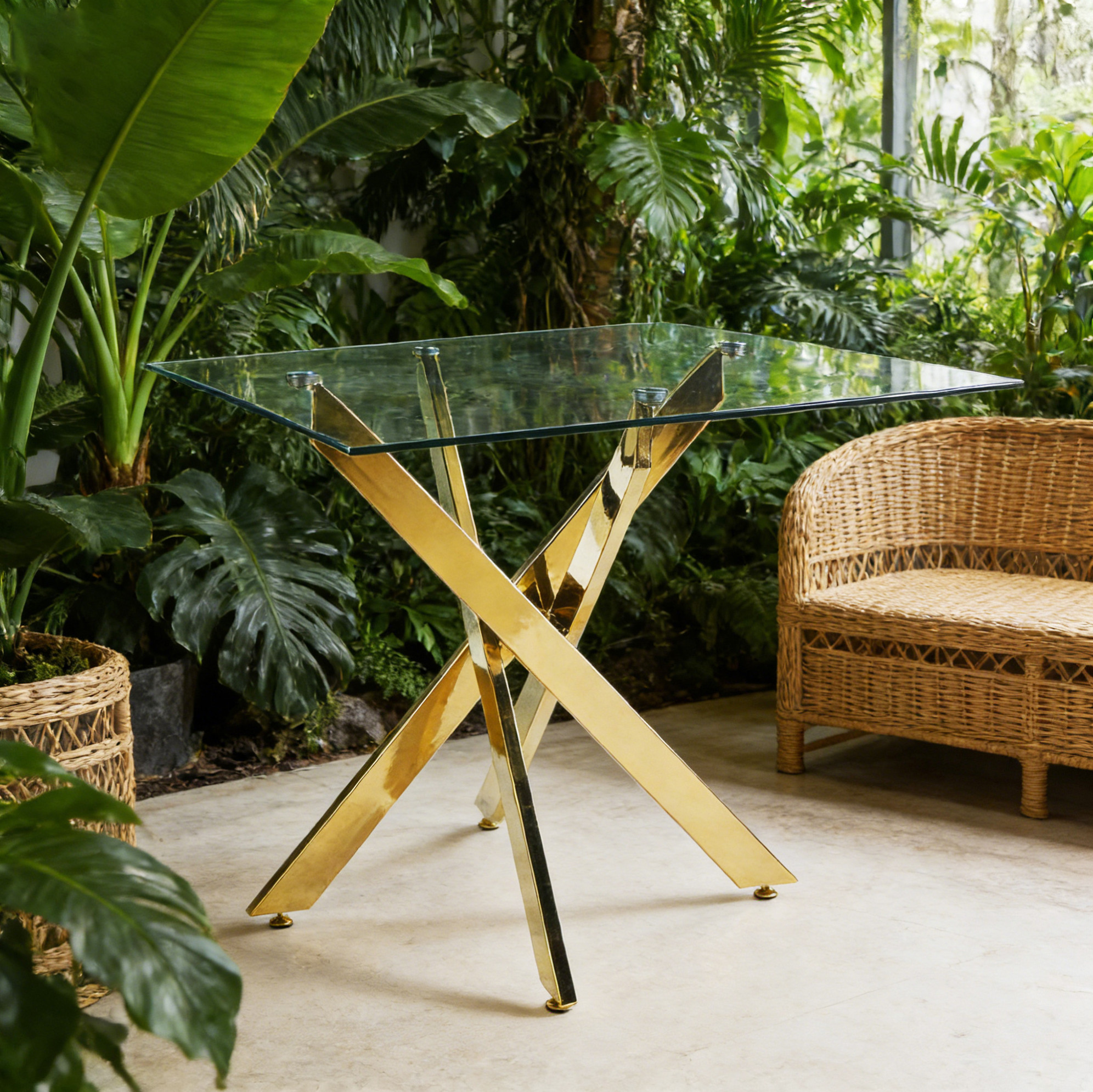 Table À Manger Carrée 80x80x75 Cm En Verre Trempé Avec Pied Croisé En Métal Doré Redom