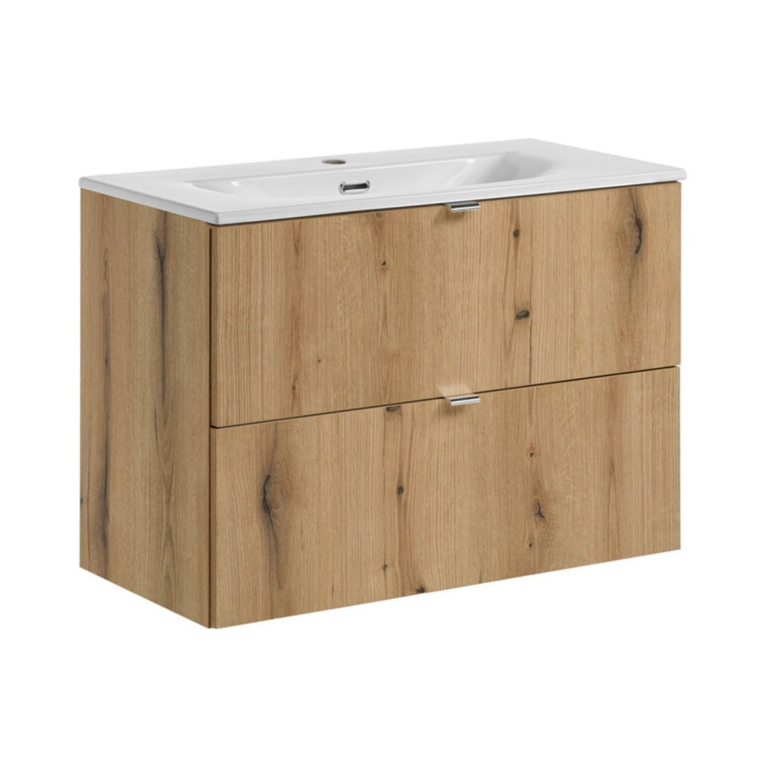 Ensemble De Salle De Bain Suspendu Vano Aspect Chêne Et Blanc 80cm: Meubles Sous Vasque À Tiroirs + Vasque Encastrée