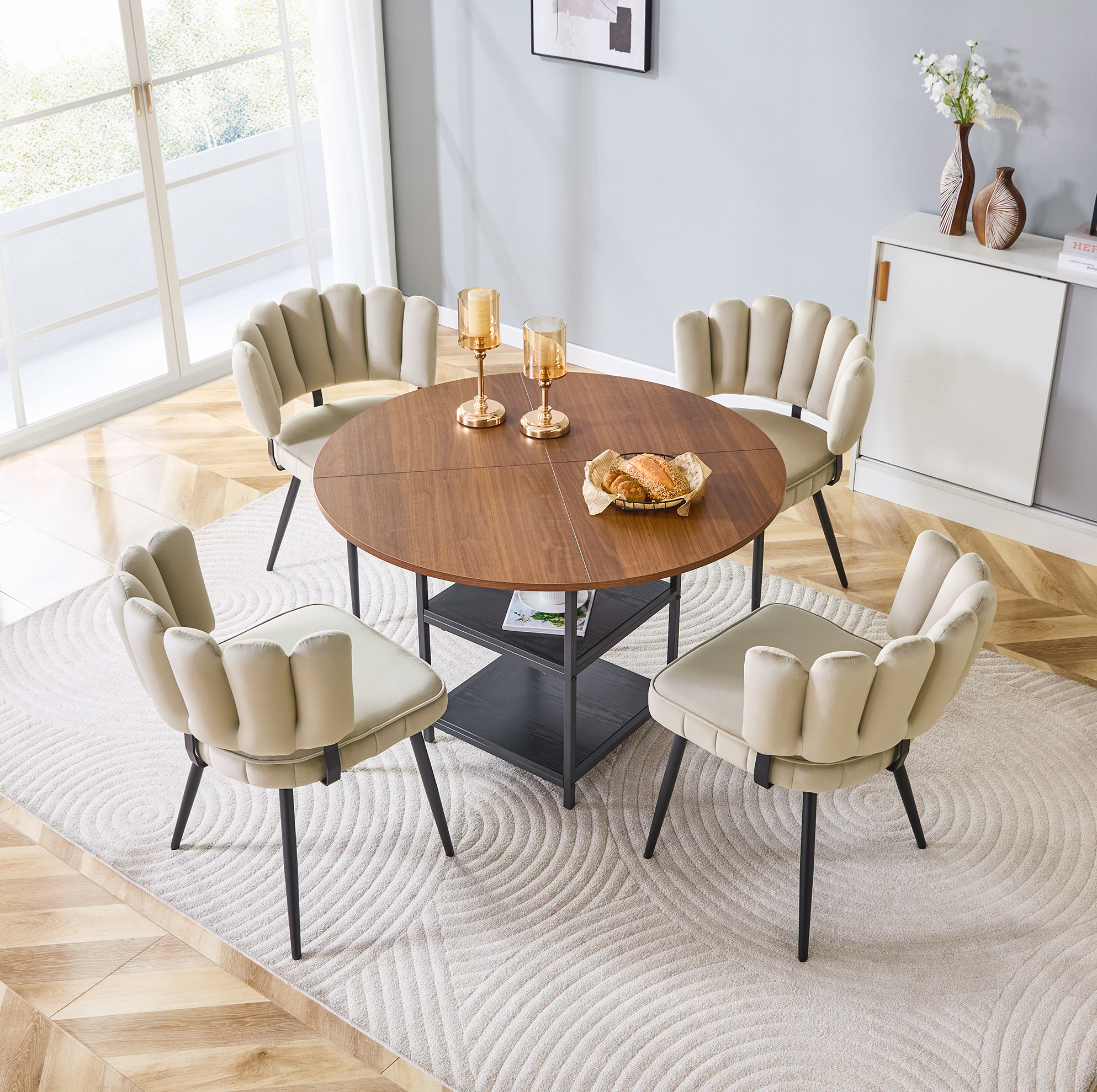 Ensemble Table Et Chaises De Salle À Manger Ronde 107 Cm Effet Noyer, 4 Chaises Tissu, Redom