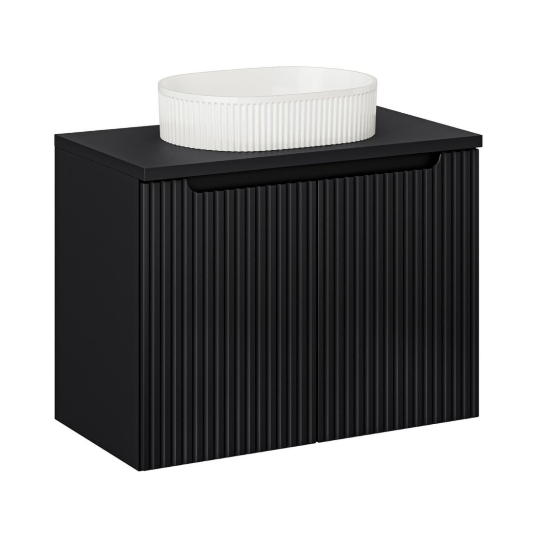 Ensemble Vano 80cm: Meuble Sous Vasque À Placards + Plan Pour Vasque Noir Mat + Vasque À Poser Rainurée Blanche