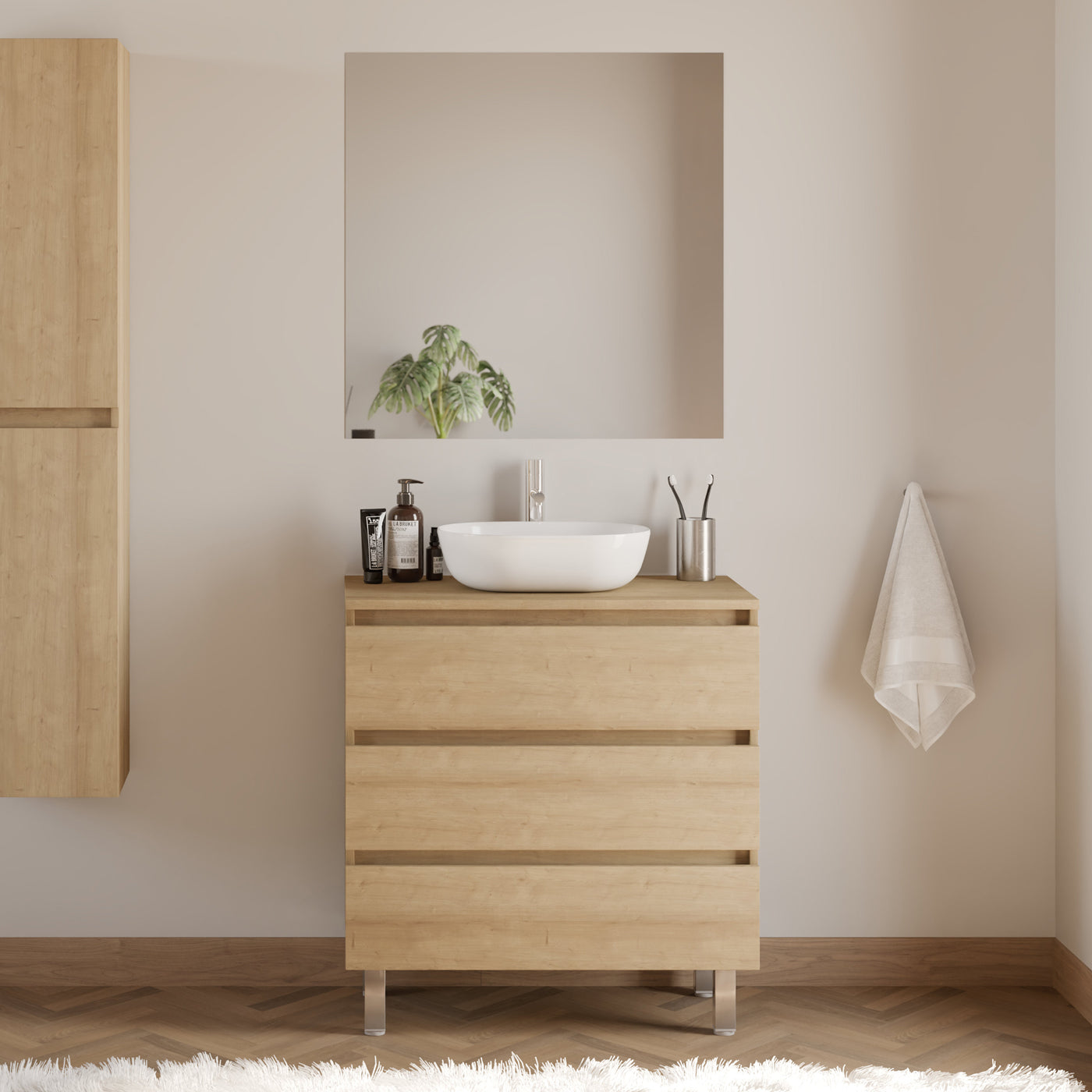 Meuble De Salle De Bain 80cm Avec Plateau Et Vasque À Poser Arrondie - 3 Tiroirs - Nebraska (chêne Clair) - Mayor