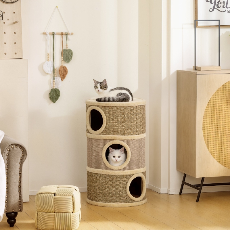 Arbre À Chat Griffoir 3 Niveaux 79 Cm Ø45 Cm Sisal Polyester Kaki Et Marron