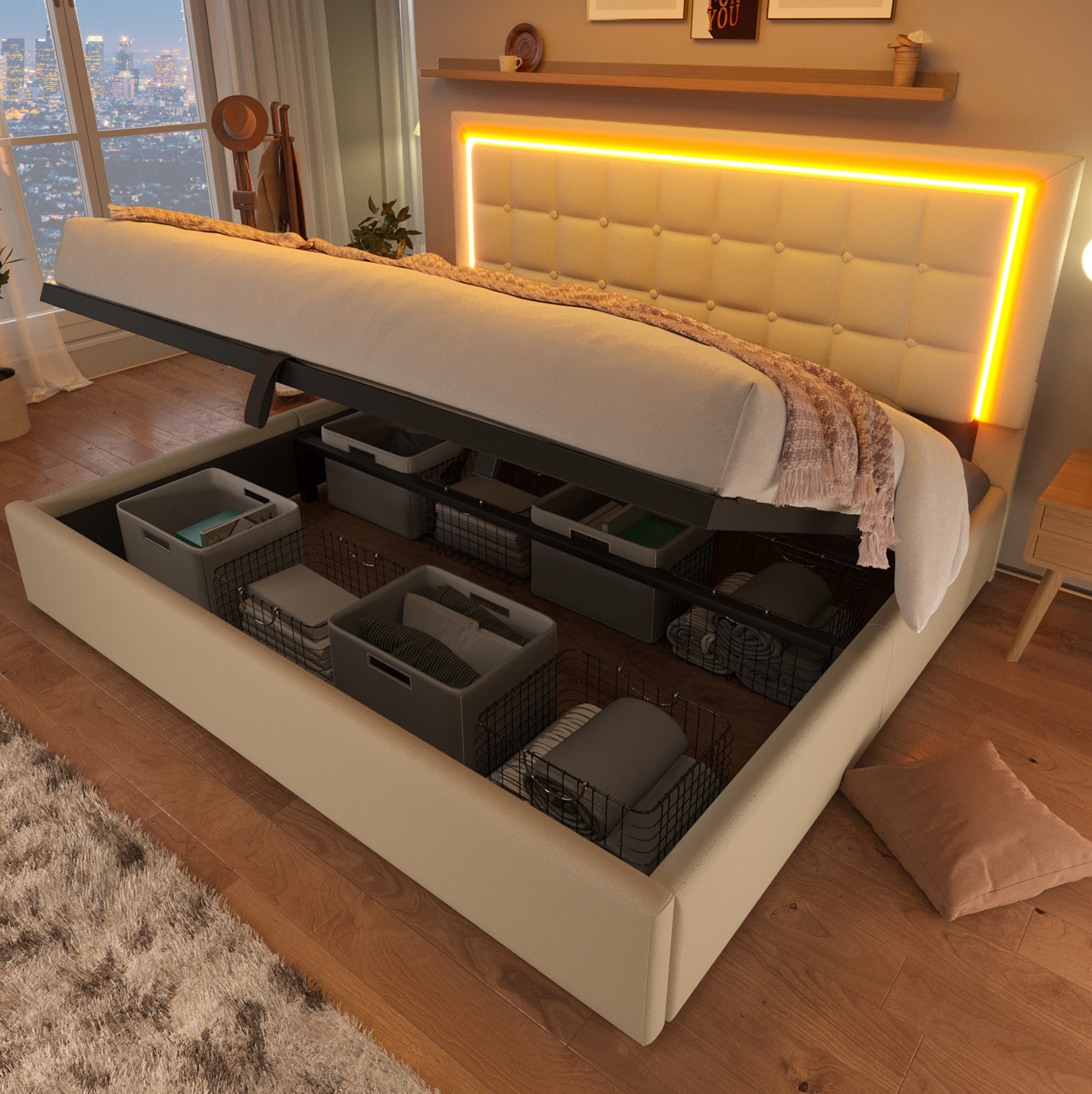 Redom - Lit Coffre 160x200 Cm Avec Led Et Lattenrost, Pu Blanc (sans Matelas)