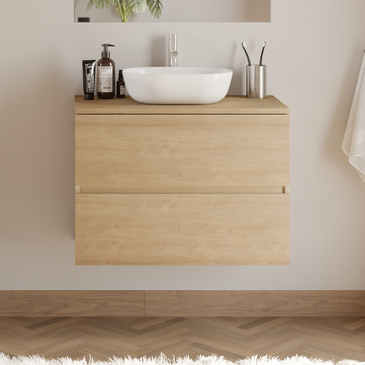 Meuble De Salle De Bain 60cm Avec Plateau Et Vasque À Poser Arrondie - 2 Tiroirs - Sans Miroir - Nebraska (chêne Clair) - Ida
