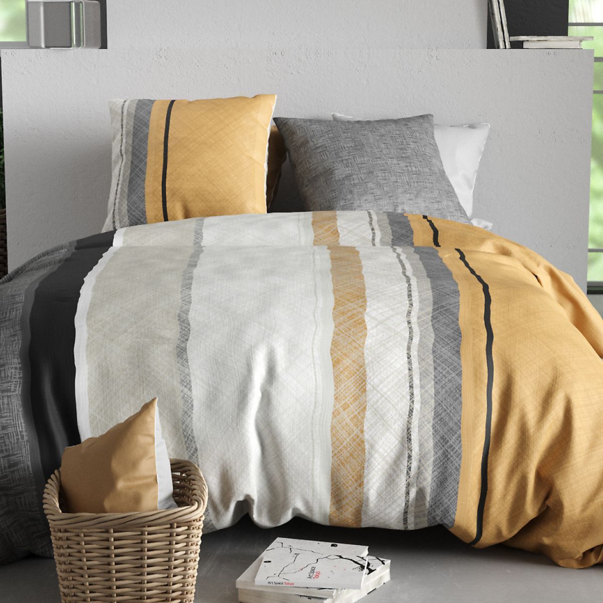 Parure Housse De Couette 240x220cm + 2 Taies Motif Graphique Jaune Et Gris 100% Coton - Cassy