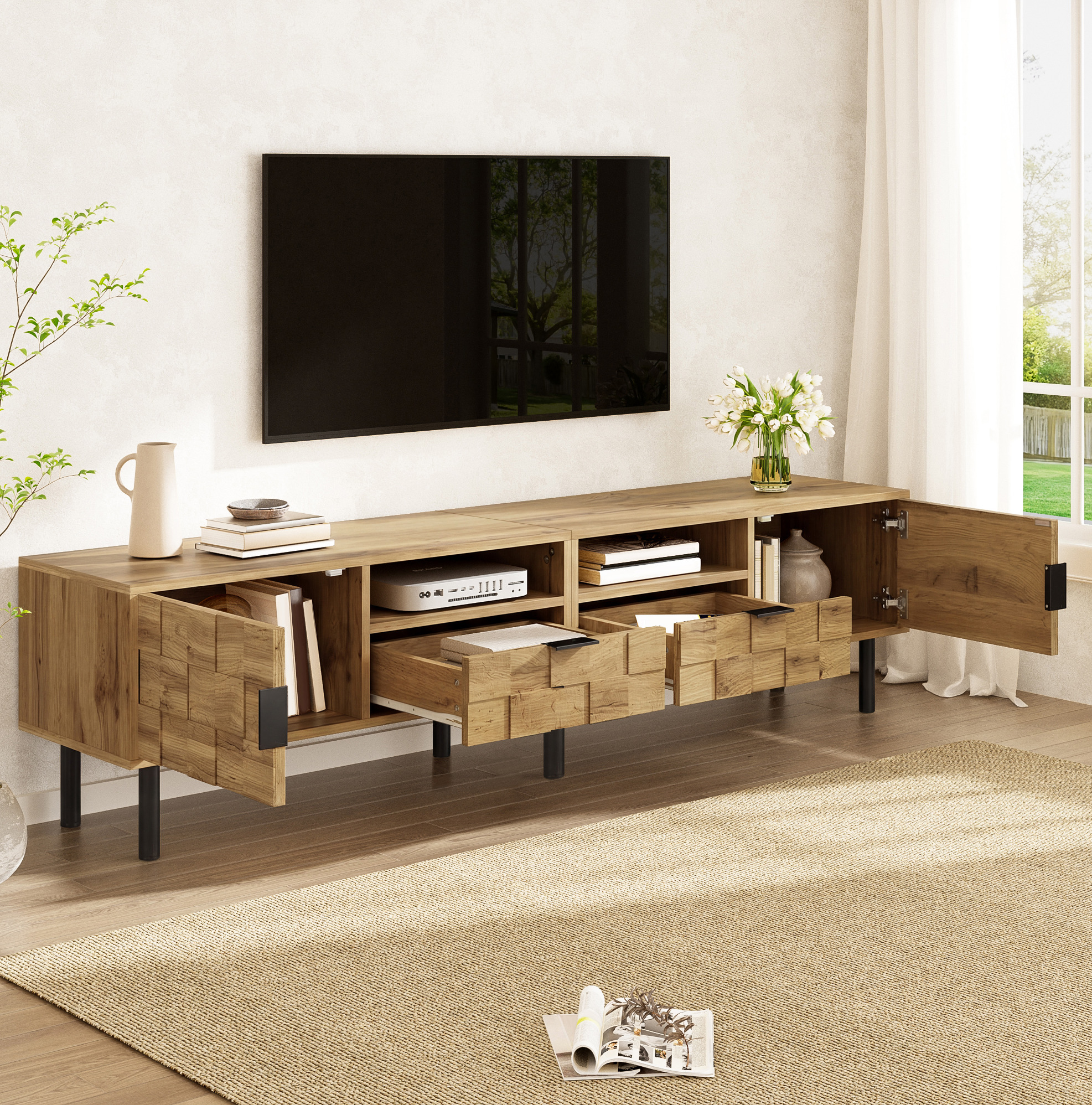 Meuble Tv Mosaïque 2 Portes 2 Tiroirs, 2 Niches, Effet Bois, 160 Cm, Pieds Métal