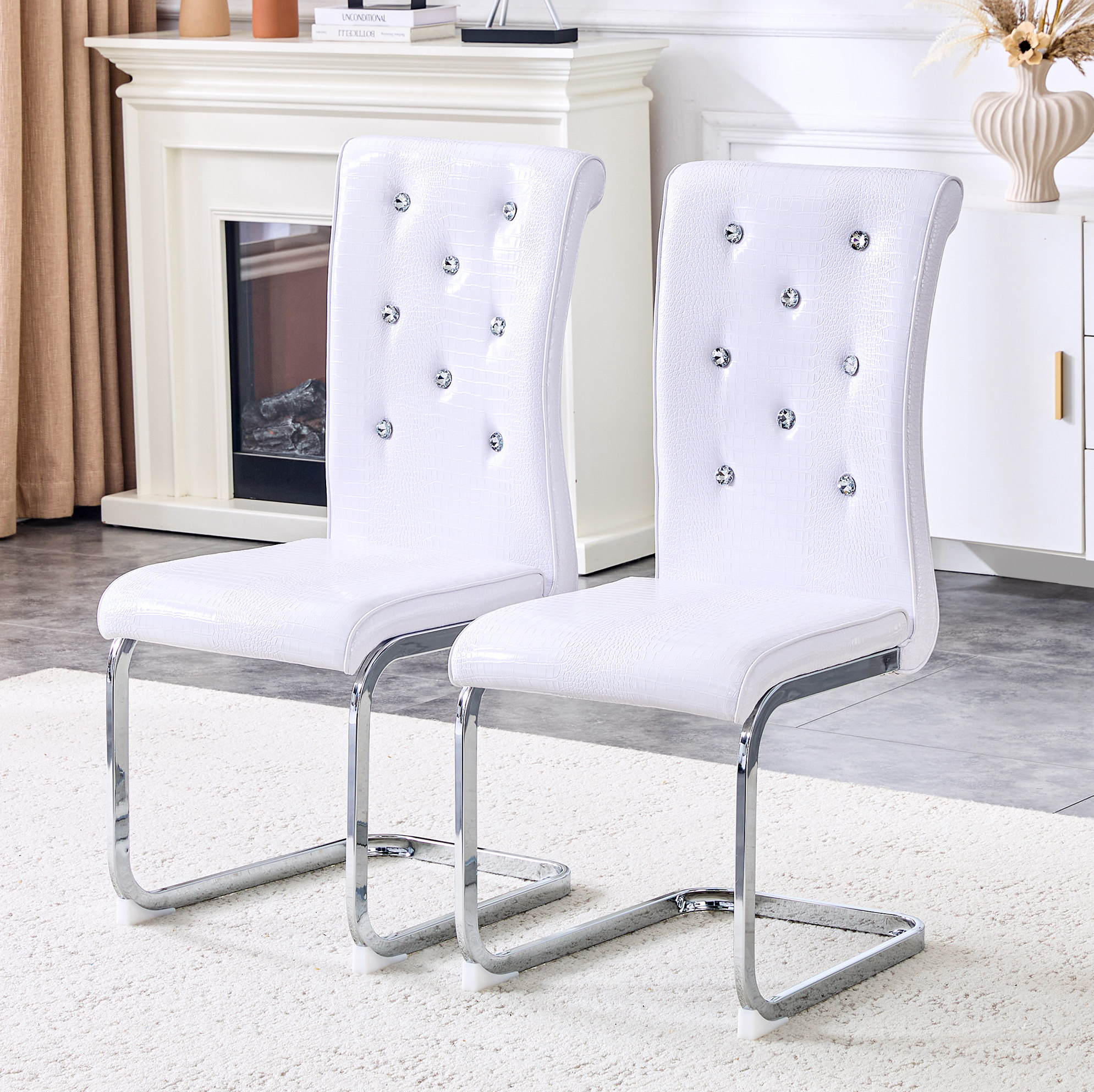 Lot De 2 Chaises De Salle À Manger Rétro Effet Croco, Pvc Blanc Et Métal Chromé