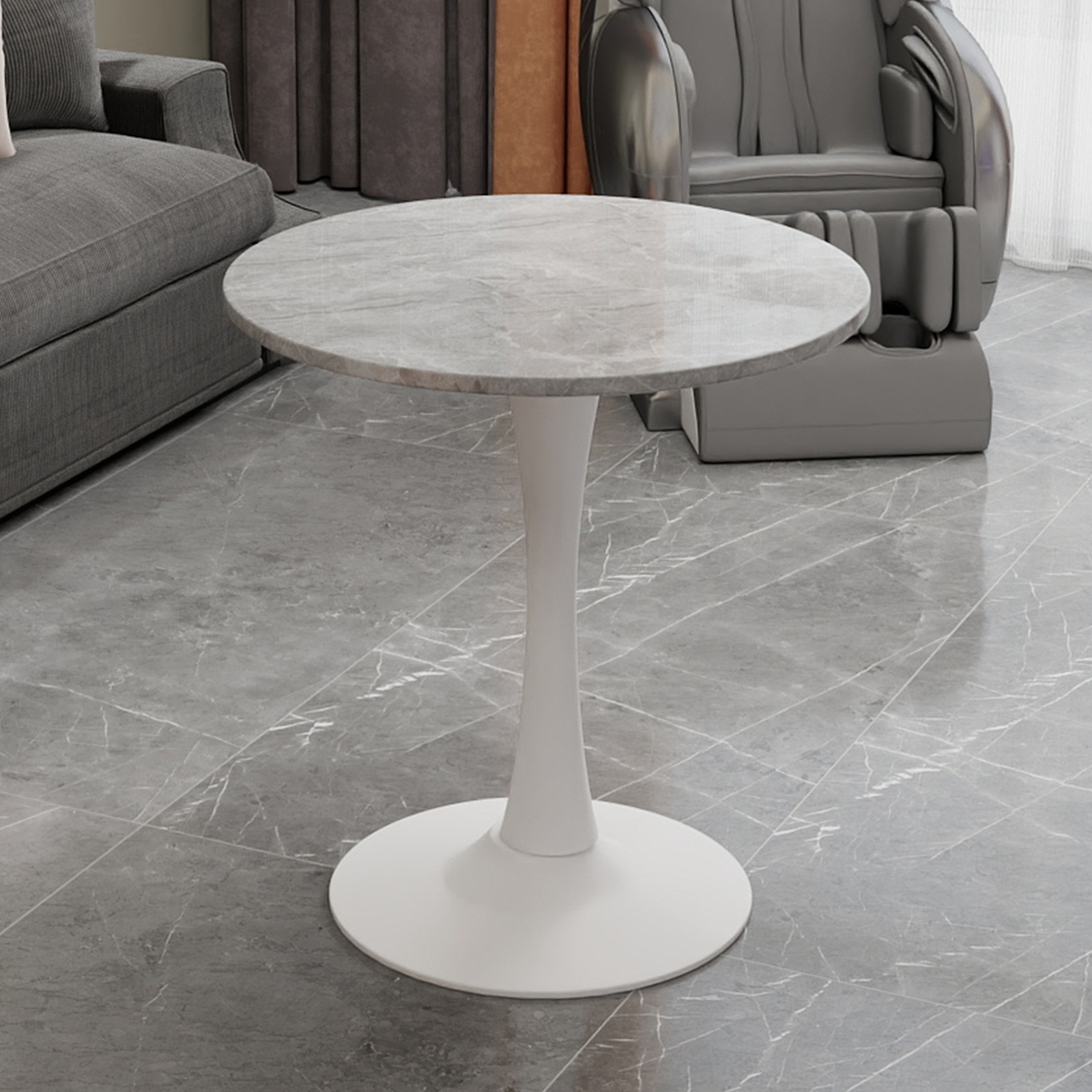 Redom Table Basse Ronde, Design Moderne Minimaliste, Marbre Artificiel Gris Et Blanc