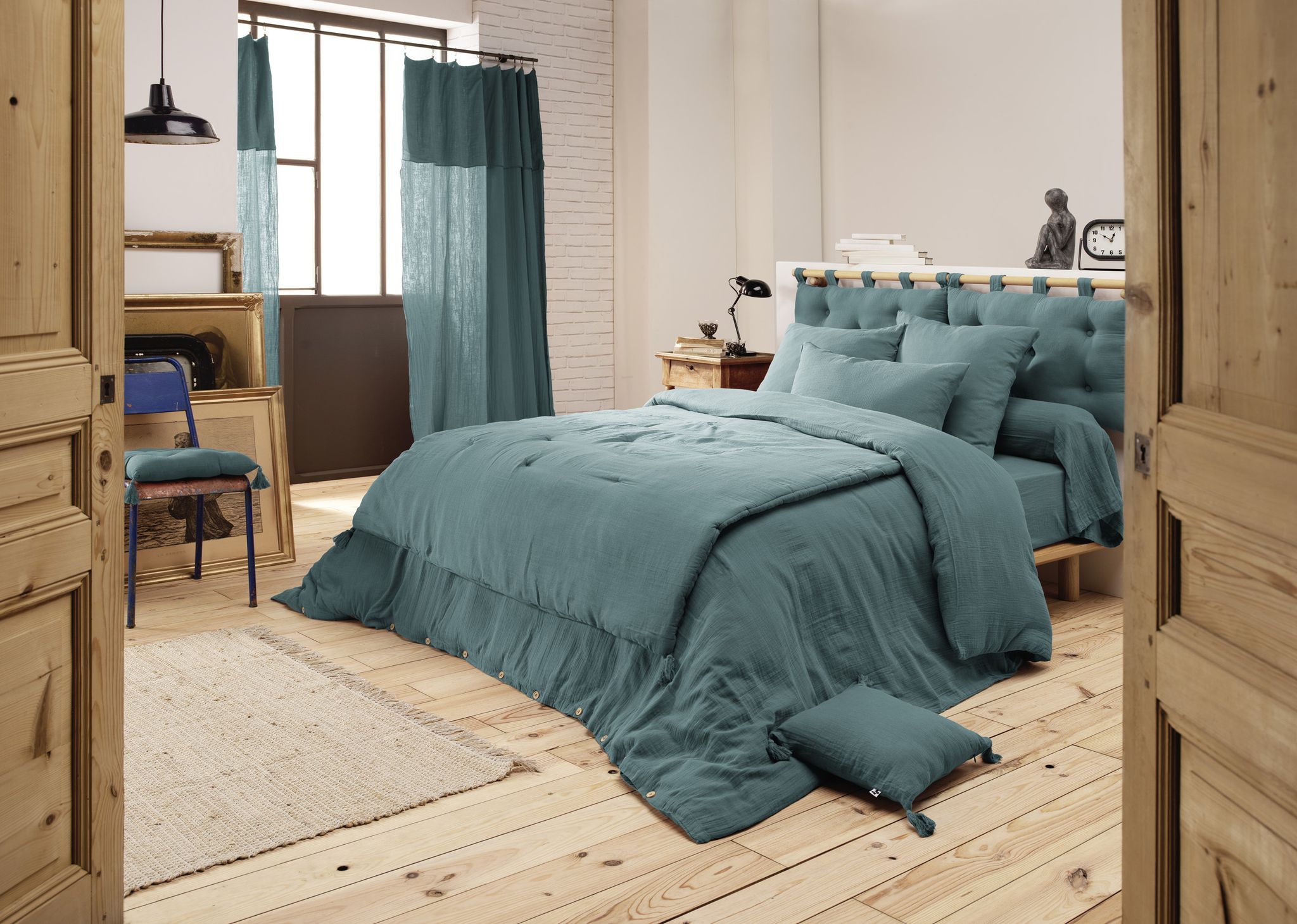 Housse De Couette 280 X 240 Cm King Size - Double Gaze - Mila Bleu Canard