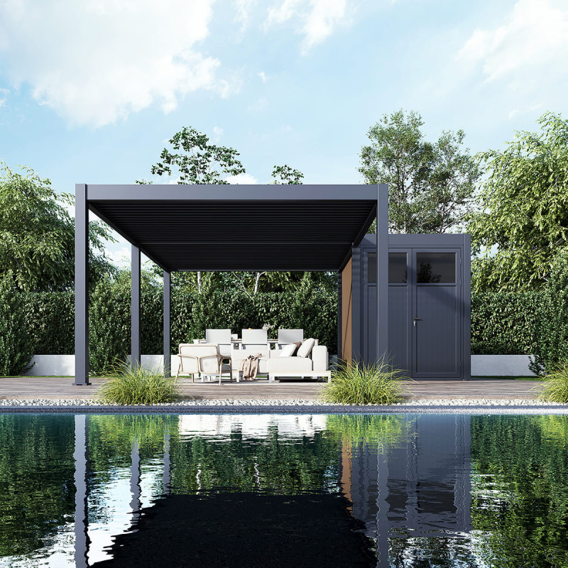 Ombrea - Abri De Piscine 30m² En Aluminium Et Bois Composite - Pergola Bioclimatique Avec Lames Orientables - Local Fermé Étanche Et Verrouillable