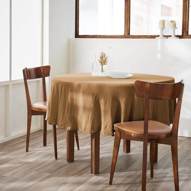 Nappe De Table "gaïa" Ronde 180 Cm "gaze De Coton" L'Effet Papillon - Gaia Camel -