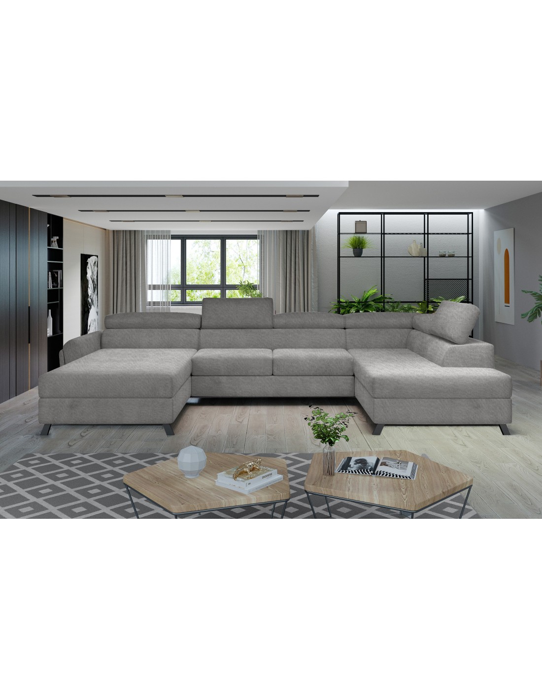 Canapé Panoramique Gris 5 Places Angle Droit Assise Large 300cm Clotis