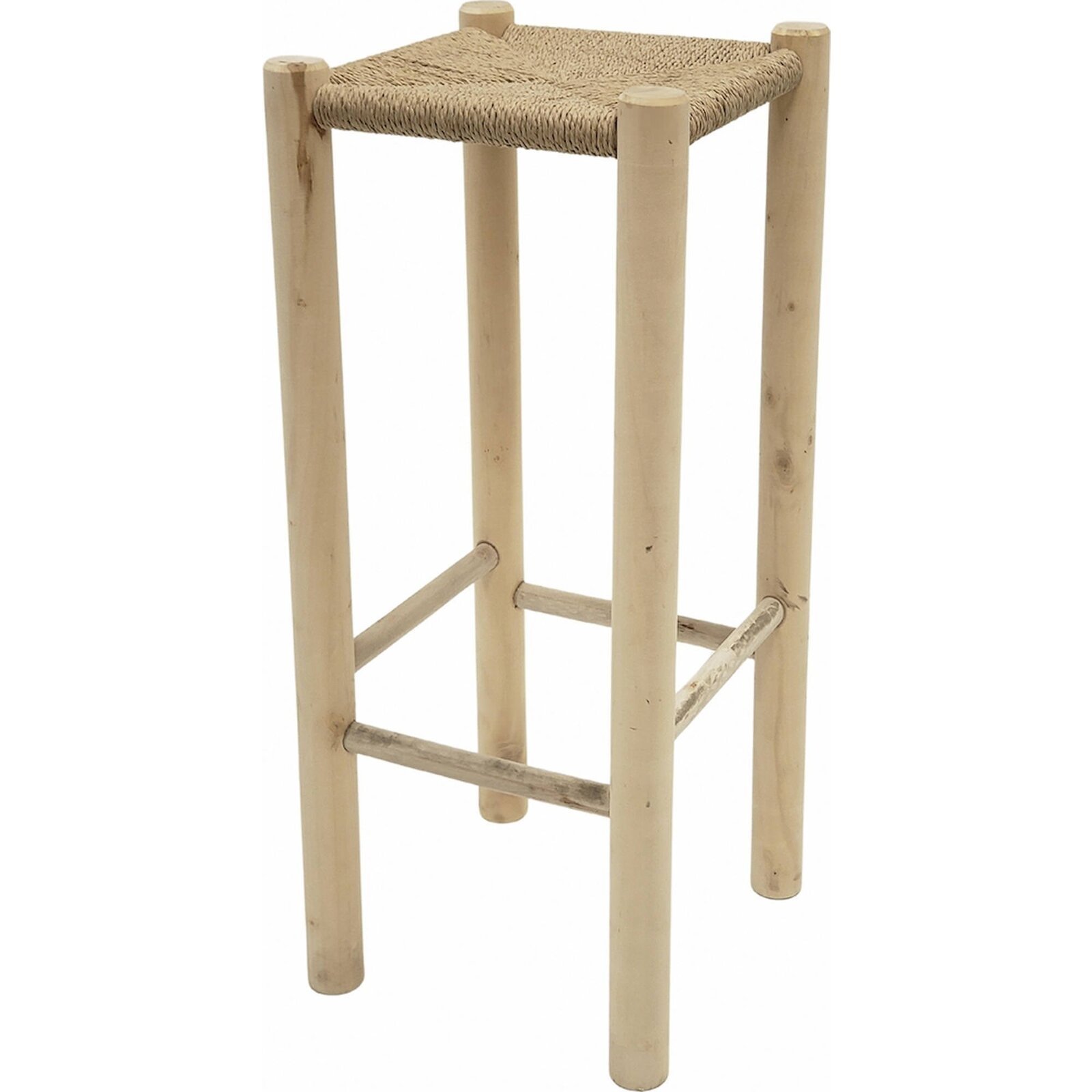 Tabouret Haut En Bois Naturel Et Assise En Corde Artisanale - Bois Naturel Et Corde Beige