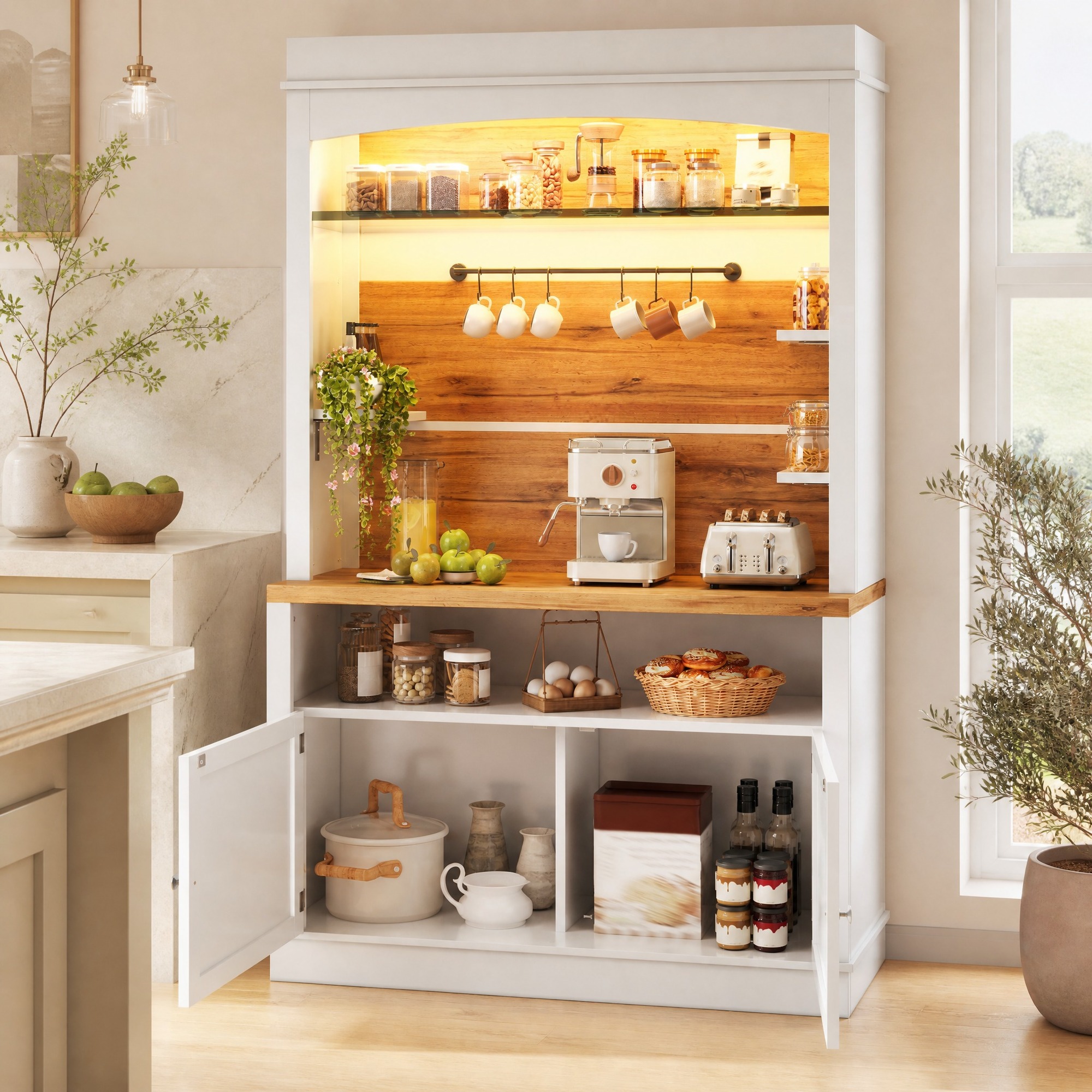 Set De 2 Buffets Hauts 184 Cm Avec Led, Étagère En Verre Et Barre À Crochets, Blanc