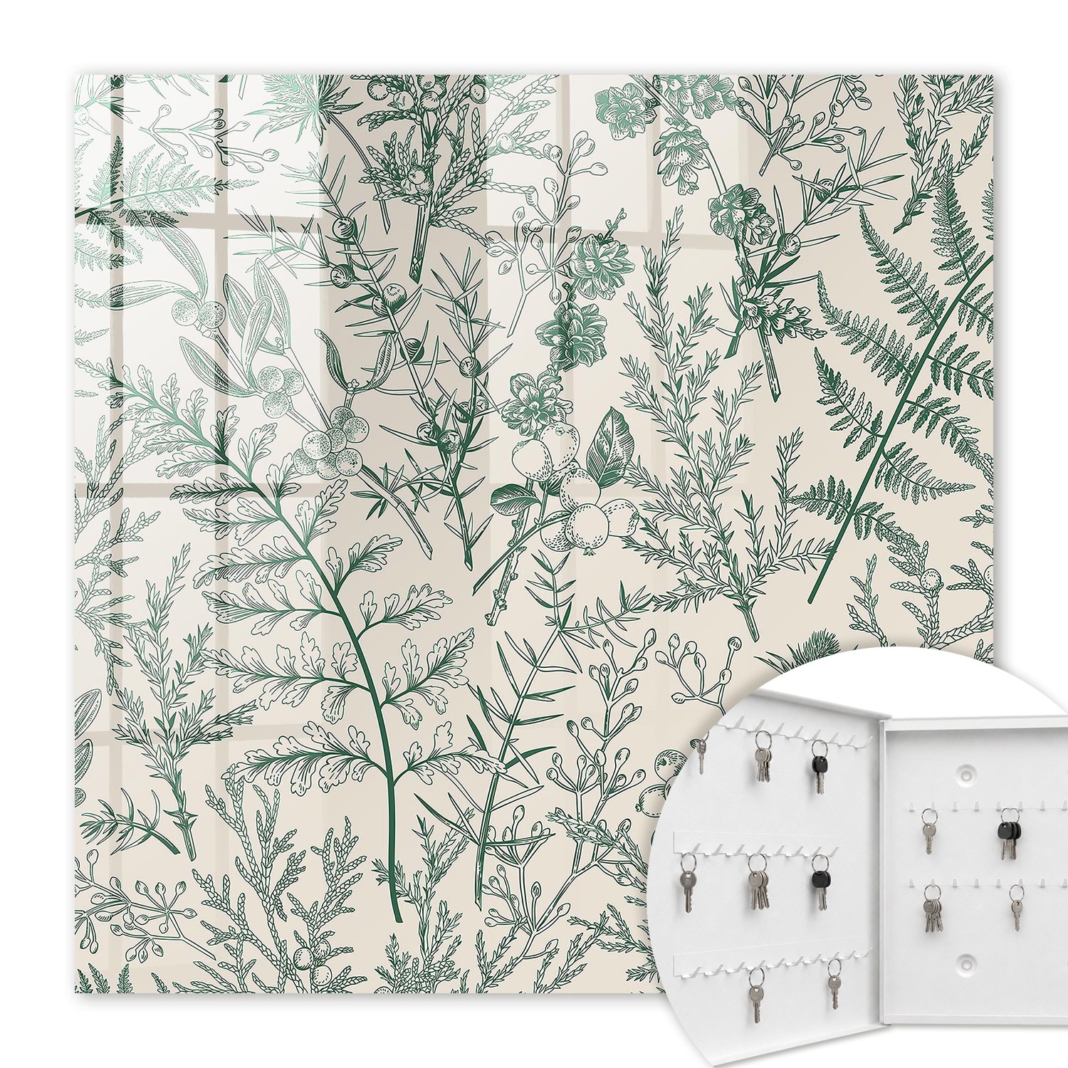 Armoire À Clés - (30 Cm X 30 Cm) - Boîte À Clés Murale - Coffret De Rangement Pour Clés - Couleur Blanche - Ouverture Vers La Gauche - Pour Maison Et Bureau - Motifs Végétaux
