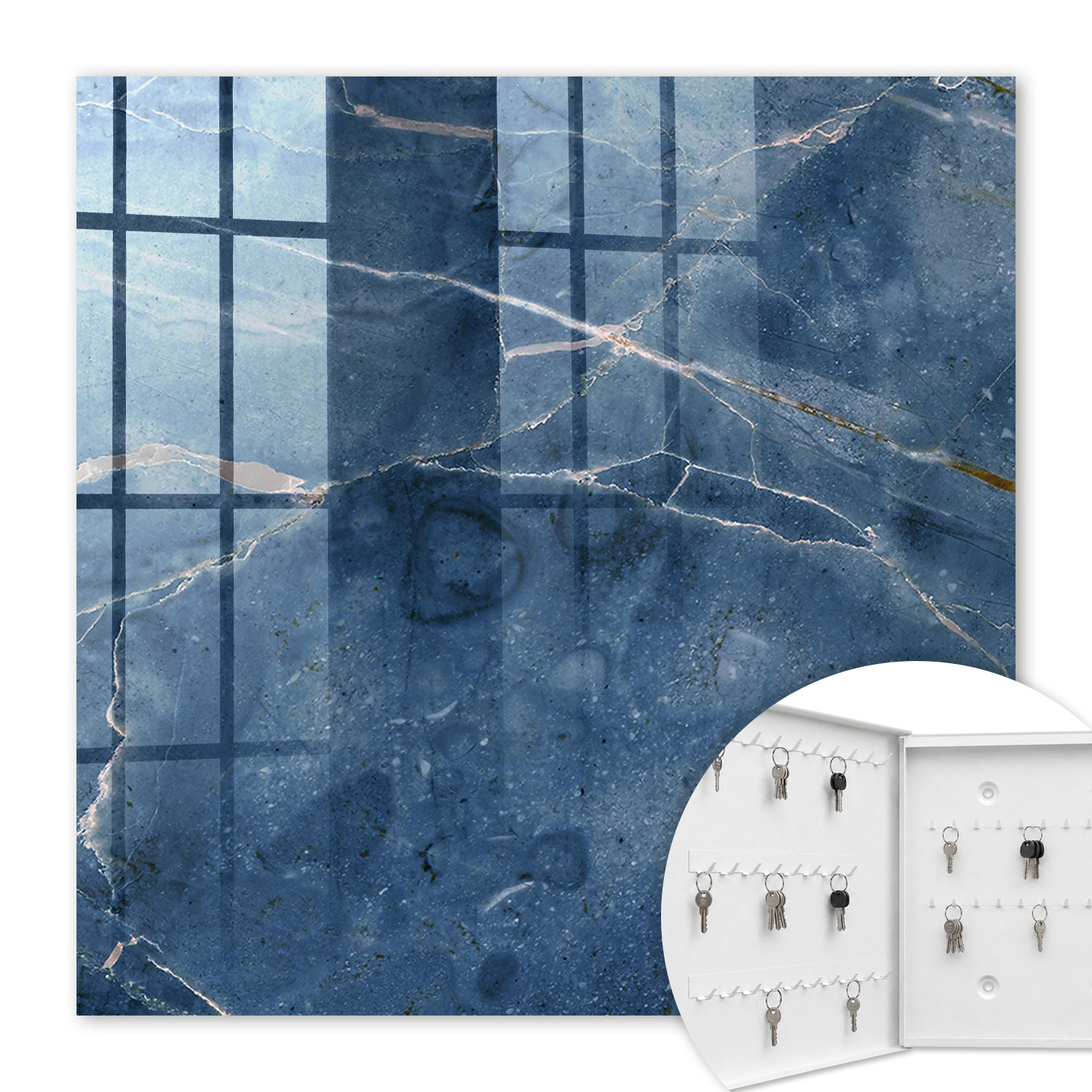 Armoire À Clés - (30 Cm X 30 Cm) - Boîte À Clés Murale - Coffret De Rangement Pour Clés - Couleur Blanche - Ouverture Vers La Gauche - Pour Maison Et Bureau - Marbre Bleu