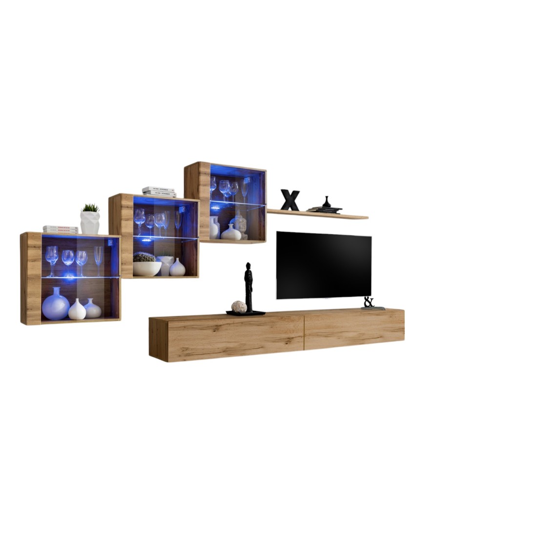 Composition Murale Switch Xx - Double Meuble Tv, Cubes Vitrés Led Et Étagère - Chêne