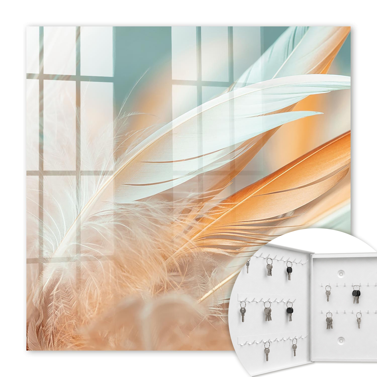 Armoire À Clés - (30 Cm X 30 Cm) - Boîte À Clés Murale - Coffret De Rangement Pour Clés - Couleur Blanche - Ouverture Vers La Gauche - Pour Maison Et Bureau - Plumes Pastel