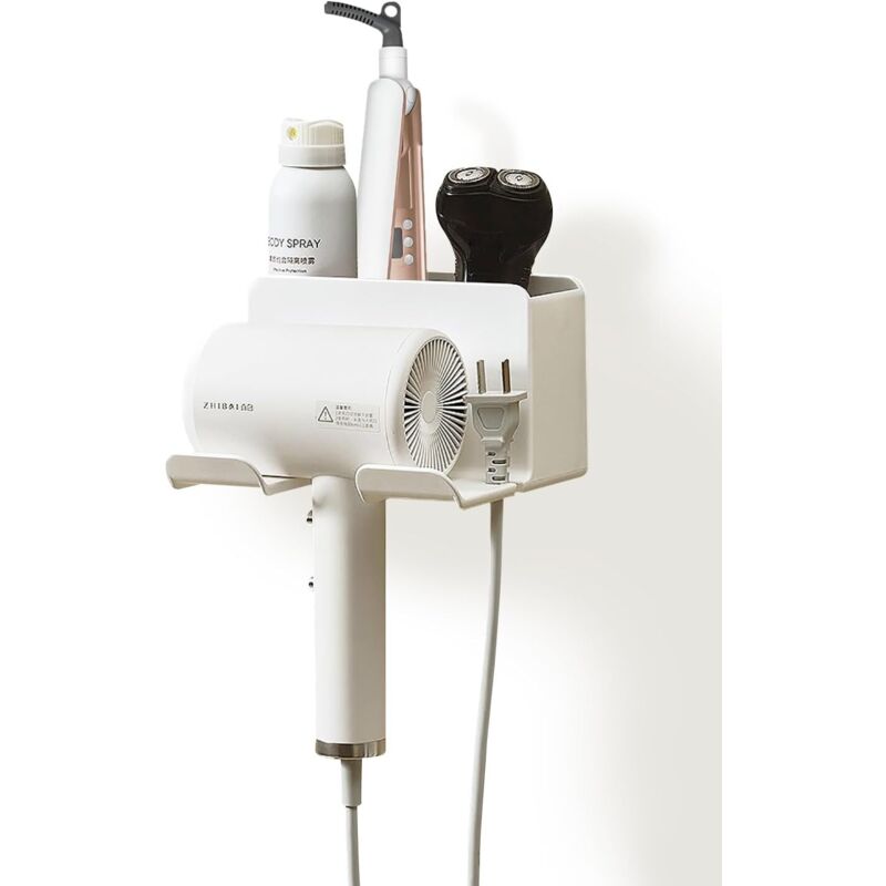 Support Seche Cheveux, Porte Seche Cheveux Mural Sans Percage, Rangement Salle De Bain Avec Rangement Abs Et Range-câbles Pour Salle De Bain Hôtel De Chambre À Coucher