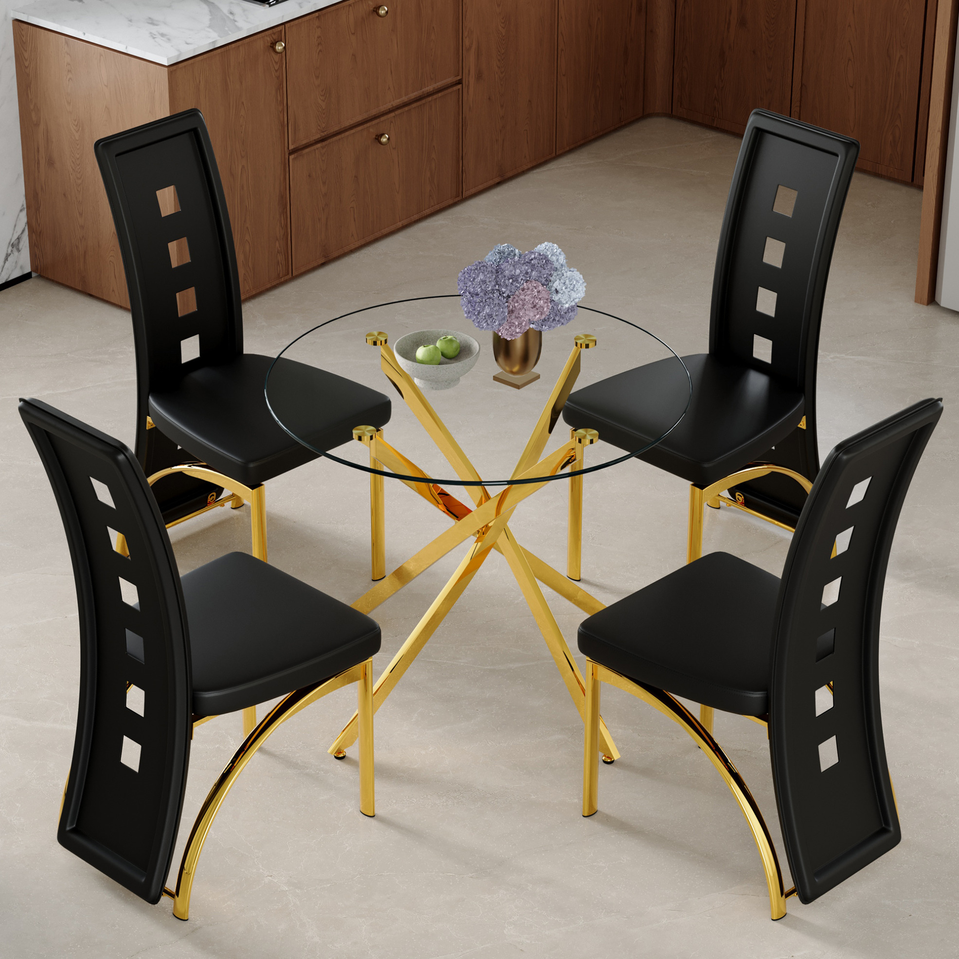 Ensemble Table À Manger Ronde En Verre Trempé 88 Cm Et 4 Chaises Pu Noires, Métal, Redom