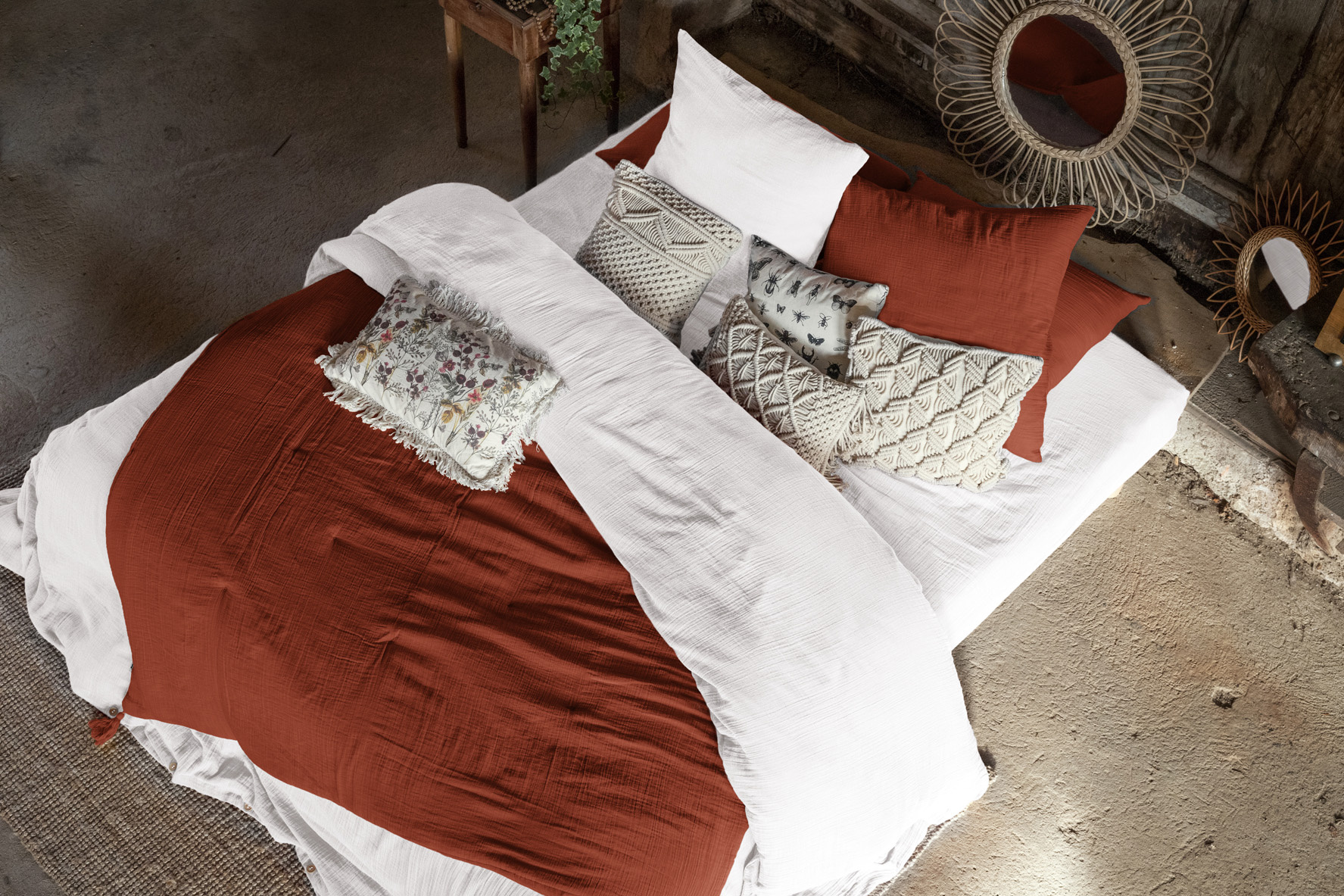Pack Housse De Couette 240 X 220 Cm Blanc + Bout De Lit 90 X 200 Cm Terracotta - Double Gaze De Coton