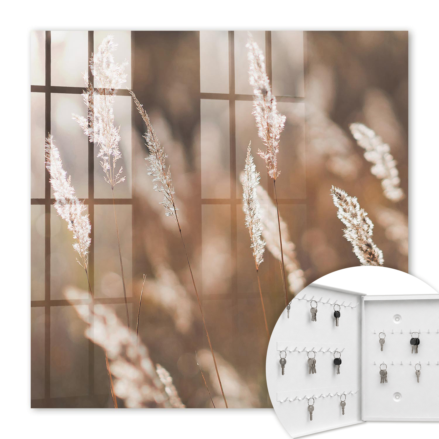 Armoire À Clés - (30 Cm X 30 Cm) - Boîte À Clés Murale - Coffret De Rangement Pour Clés - Couleur Blanche - Ouverture Vers La Gauche - Pour Maison Et Bureau - Herbes Dans La Prairie