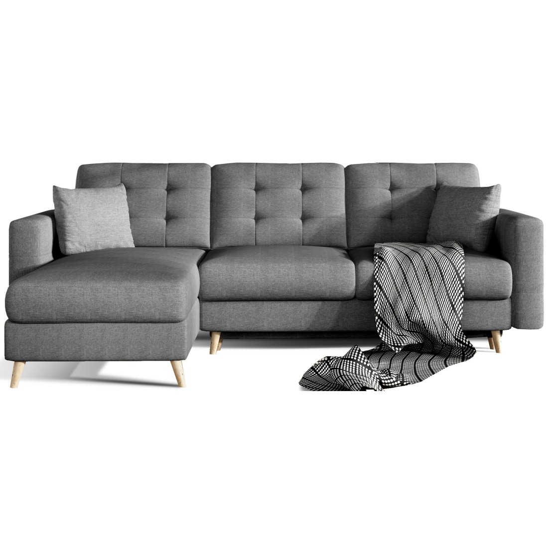 Canapé D'Angle Convertible Hasgard 3 Places Gris Foncé 248x162 Cm - Coffre Et Pieds Bois