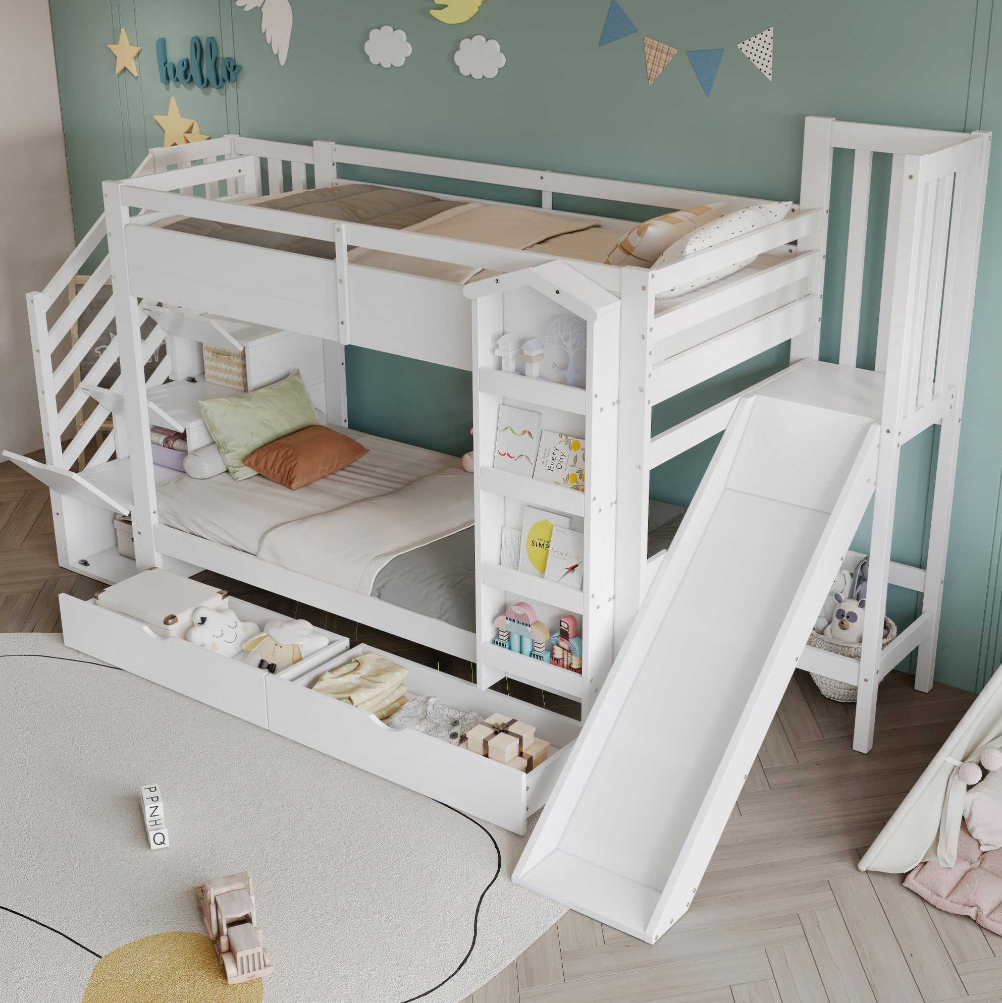 Redom - Lit Superposé Enfant 90x200 Avec Toboggan Escalier De Rangement, Bois Mdf Et Contreplaqué Blanc (sans Matelas)